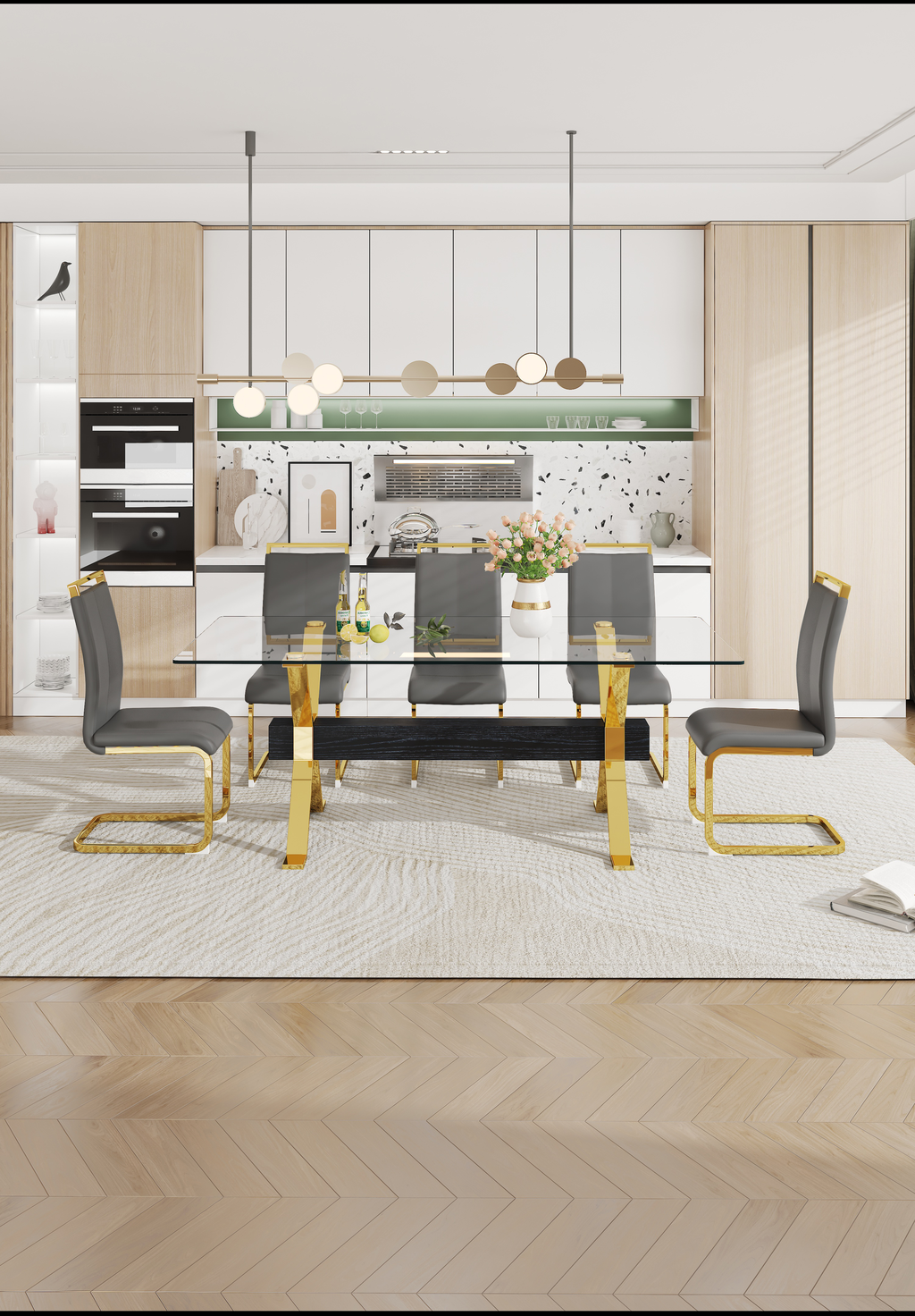 Modern glass dining table with gold legs and grey upholstered chairs