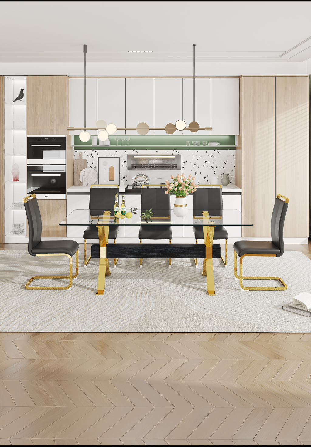 Modern black leather dining chairs with gold frames surround a glasstop dining table