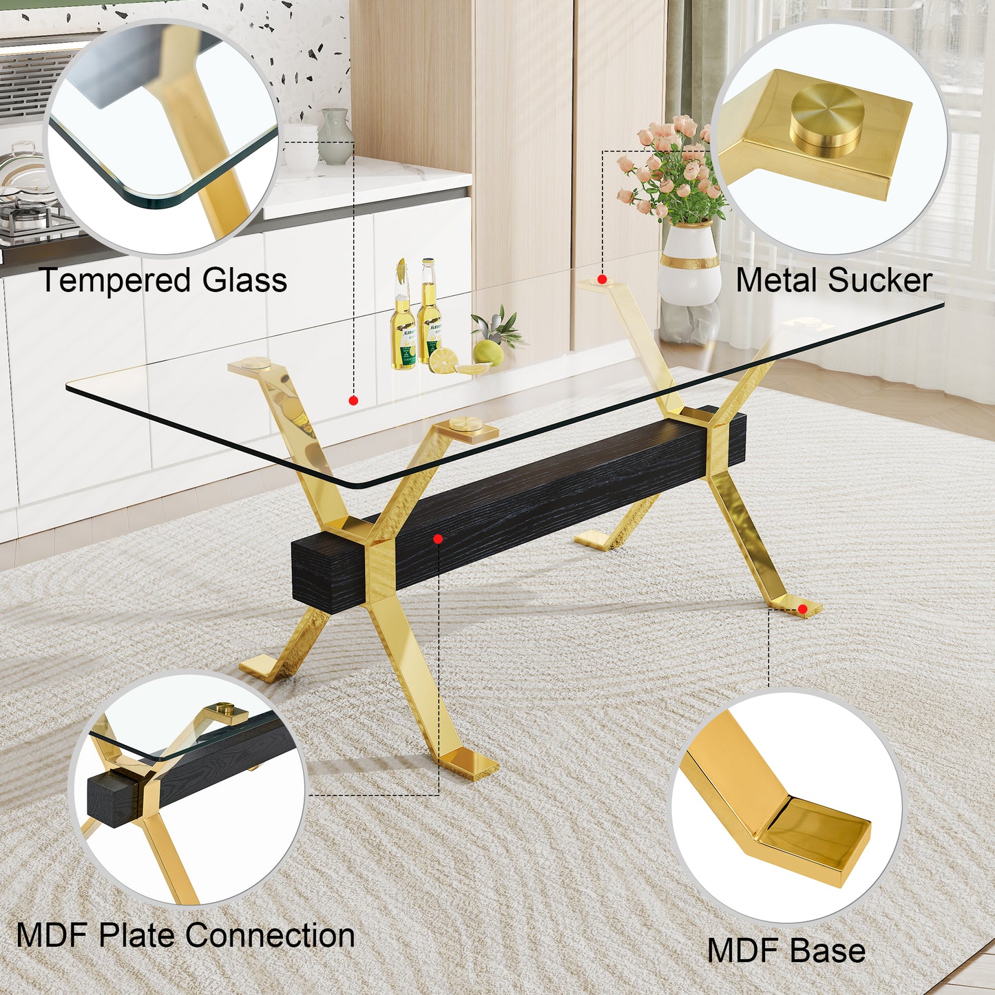 Modern coffee table with tempered glass top and gold metal legs