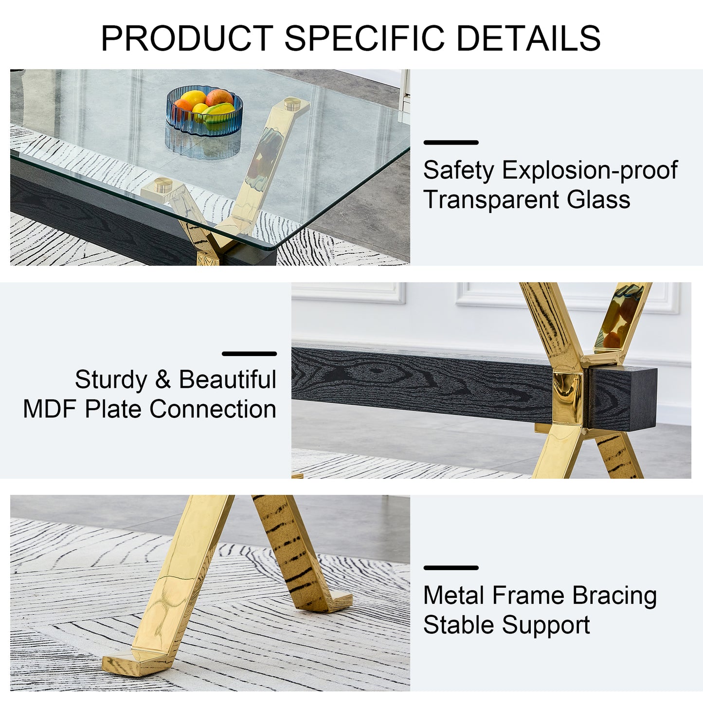 Closeup of a sleek coffee table with transparent glass and gold metal legs