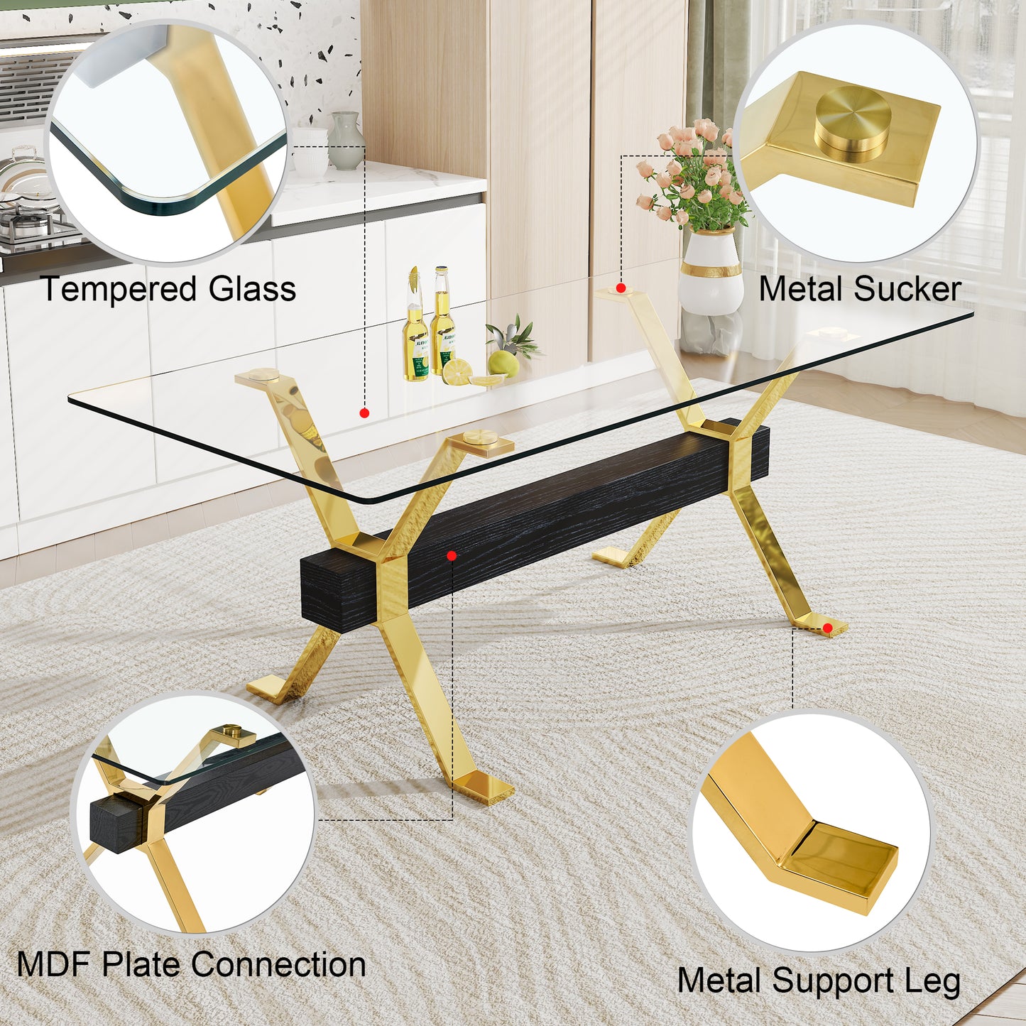 Modern glass coffee table with gold metal legs and black MDF shelf