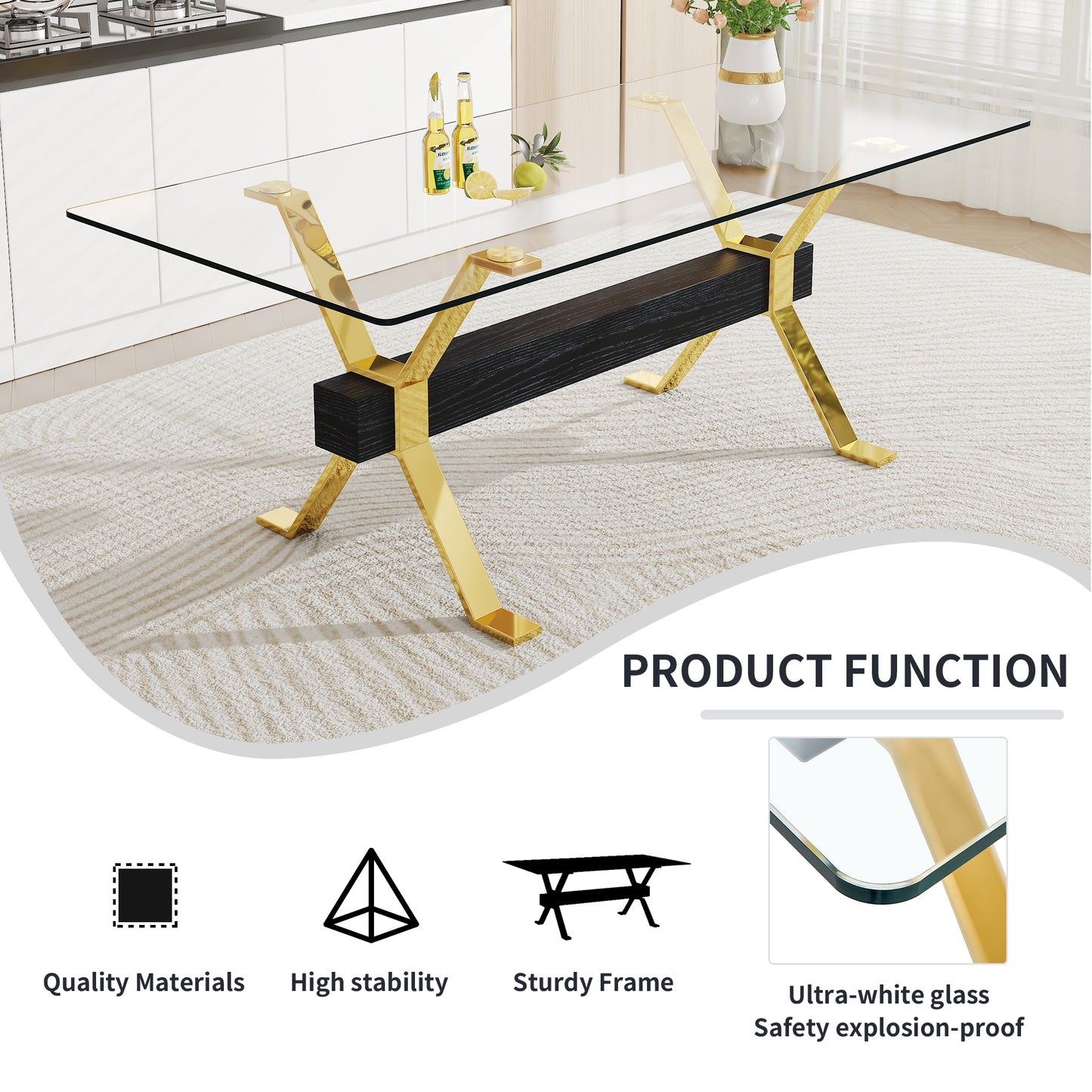 Rectangular glass dining table with gold Xshaped legs and black wood beam