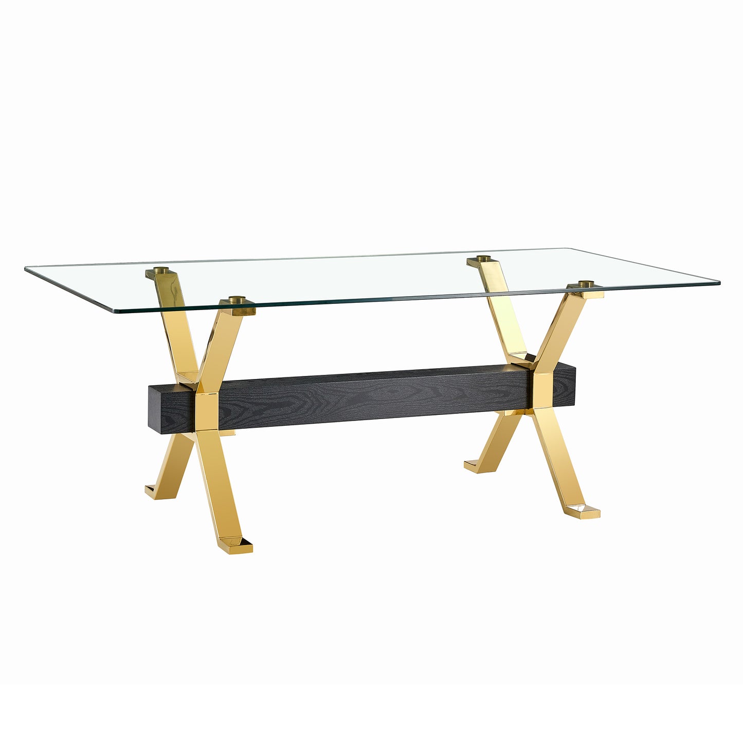 Glass top coffee table with gold Xframe legs and dark wood accent