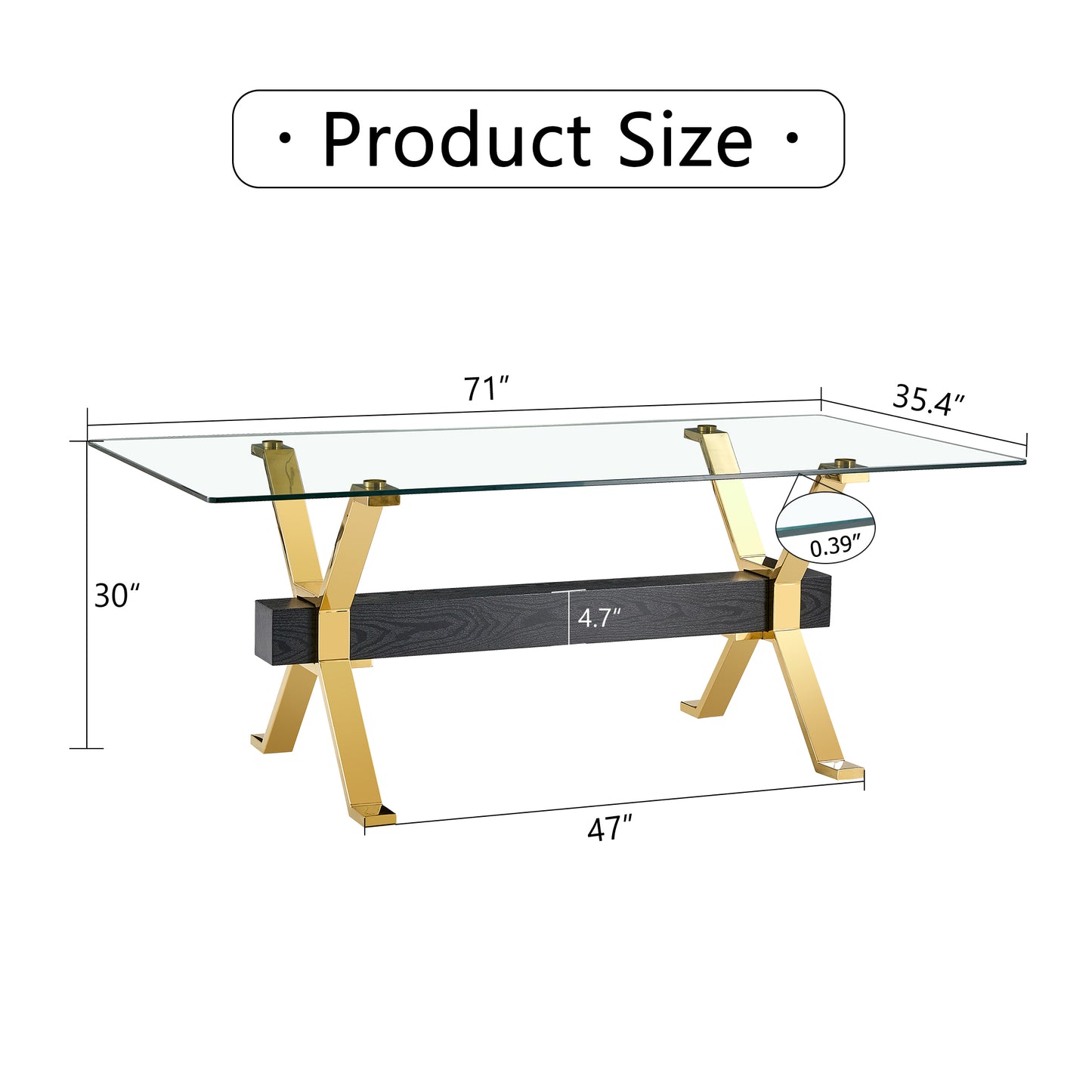 Modern glass coffee table with gold Xleg base and black wood accent