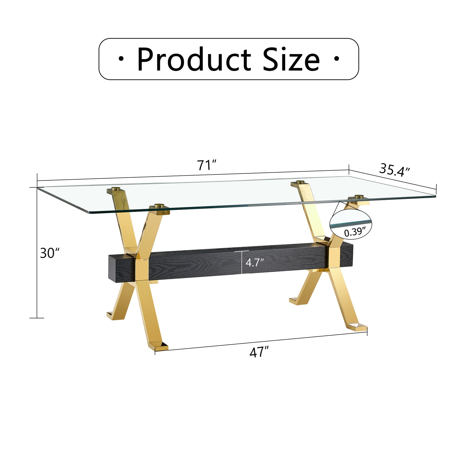 Modern glass coffee table with gold Xleg base and black wood accent