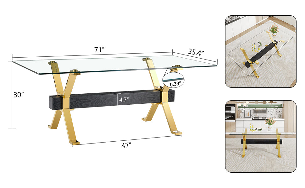 Modern glass coffee table with gold Xshaped legs and dark wood accent