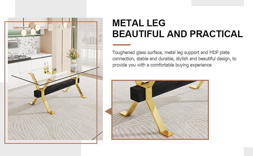Modern glass dining table with gold metal legs and black wood accent