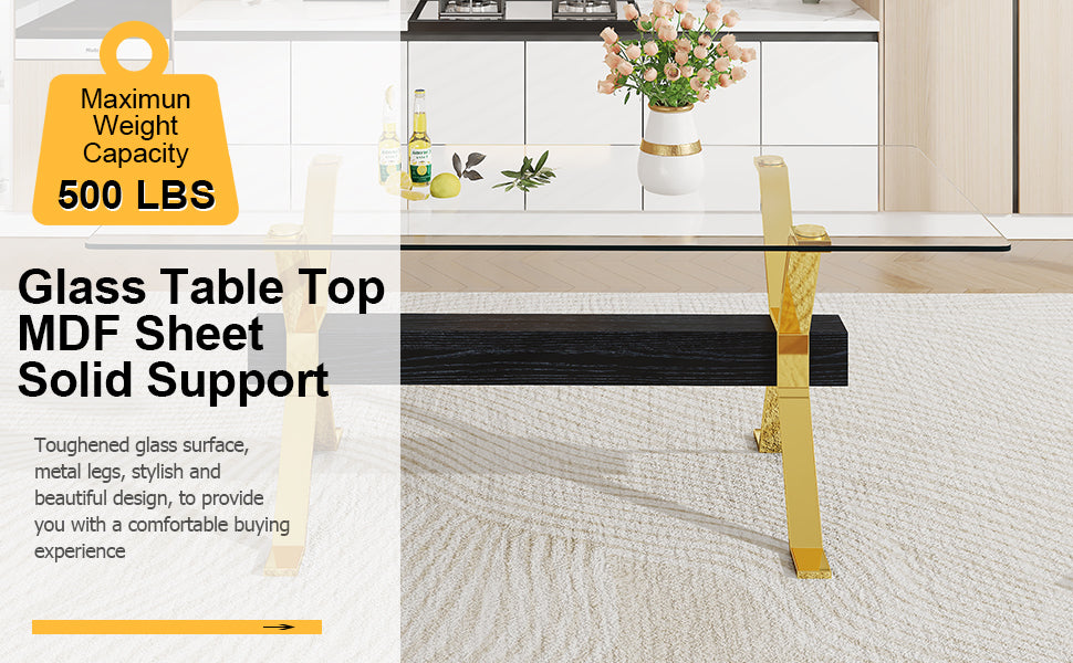 Glass dining table with gold metal legs and black MDF support