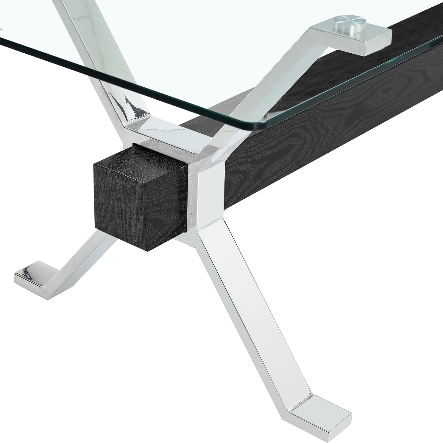 Closeup of a modern coffee table featuring a sleek chrome leg and dark wood base