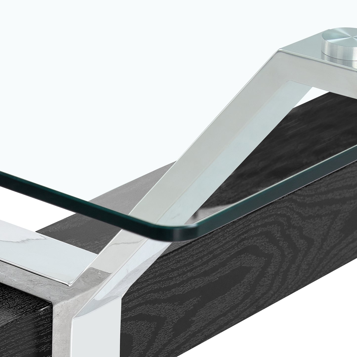 Modern black wood coffee table with polished chrome legs and glass top