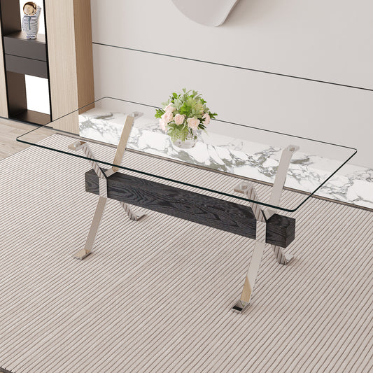 Modern glass coffee table with chrome legs and dark wood inlay