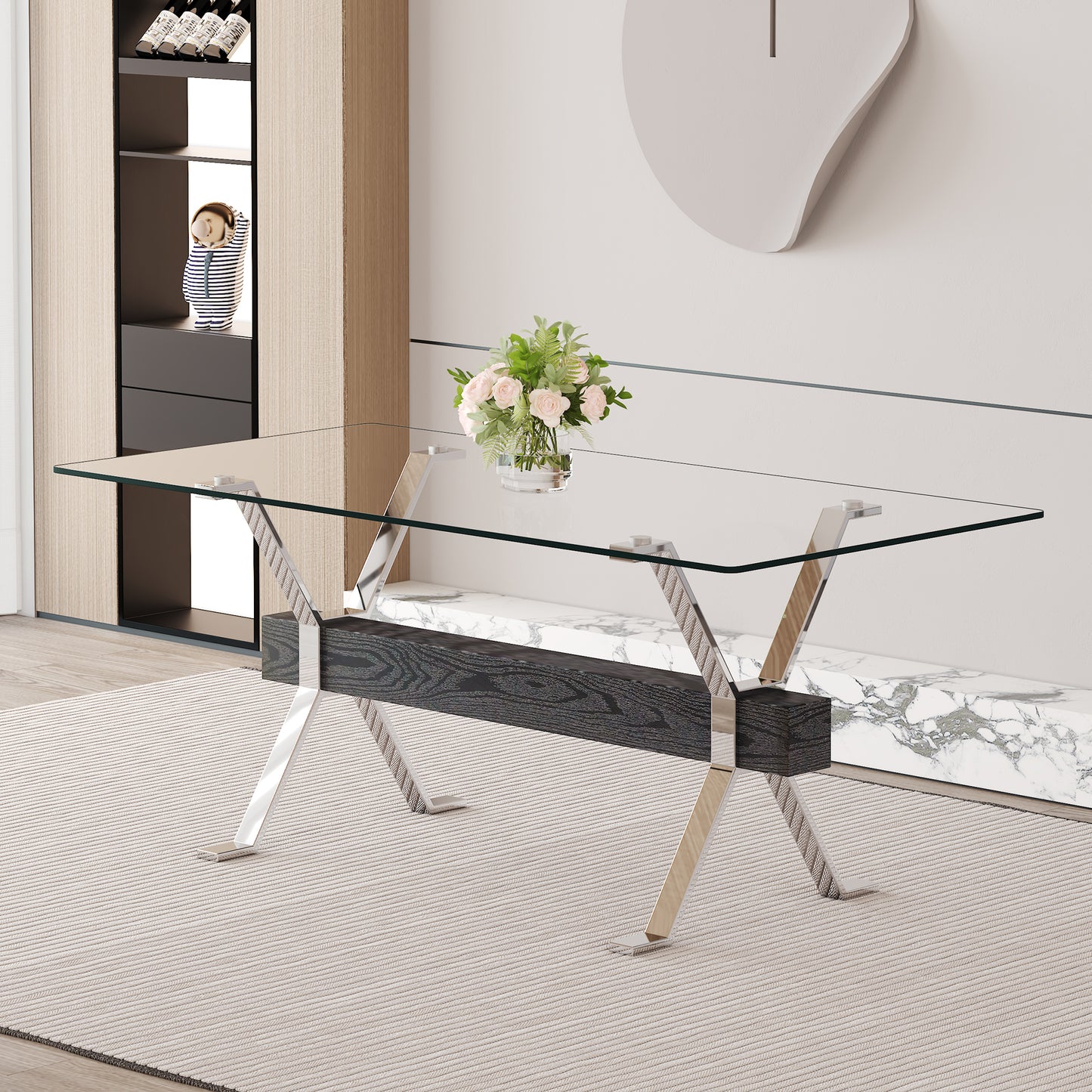 Glass coffee table with chrome and dark wood base