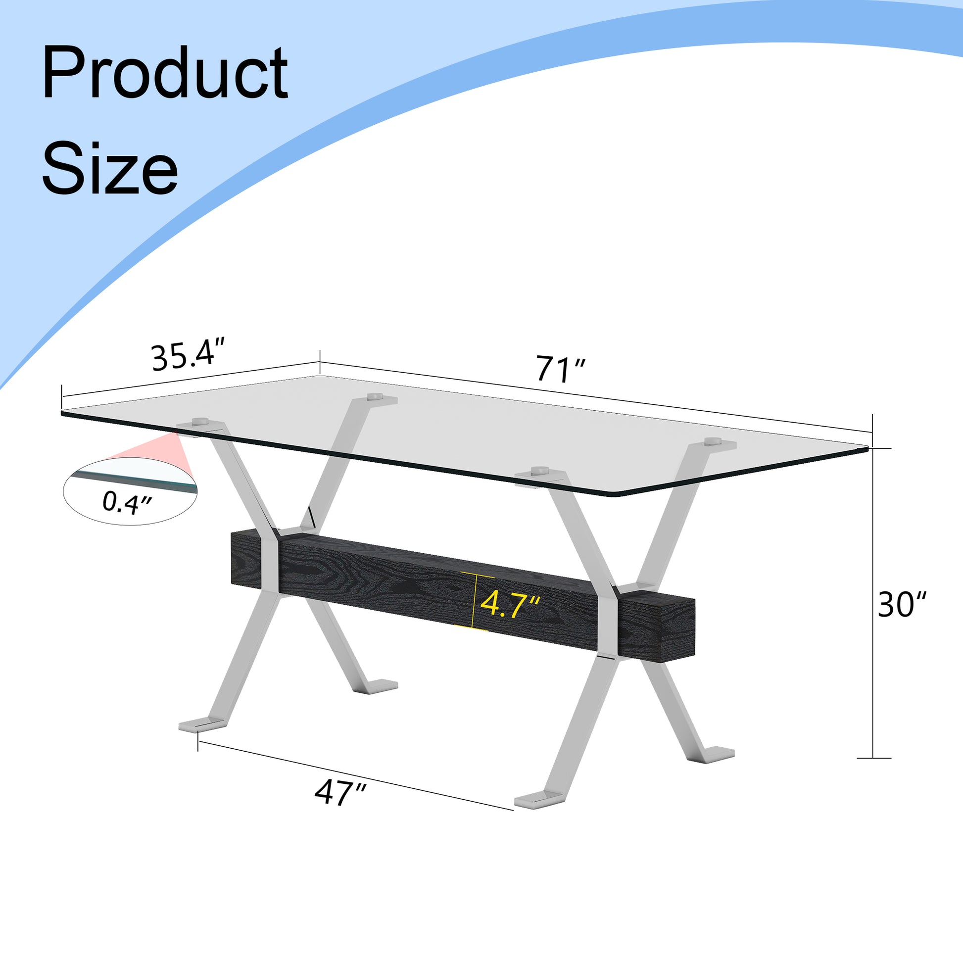 Modern dining table with a clear glass top silver Xbase and dark wood stretcher Dimensions L x W x H