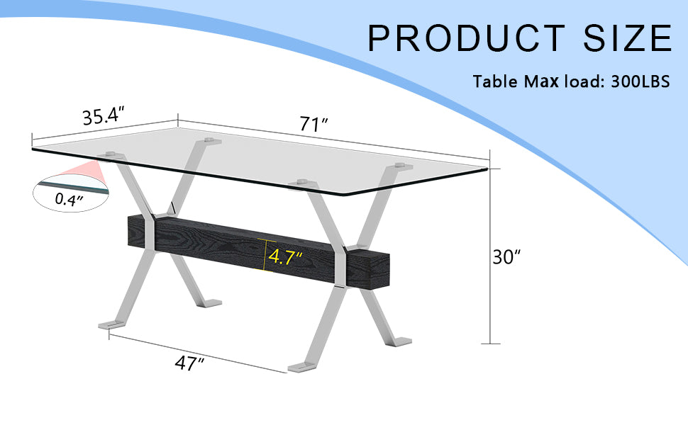 Modern dining table with a clear tempered glass top and striking Xshaped silver metal legs supporting a dark wood beam