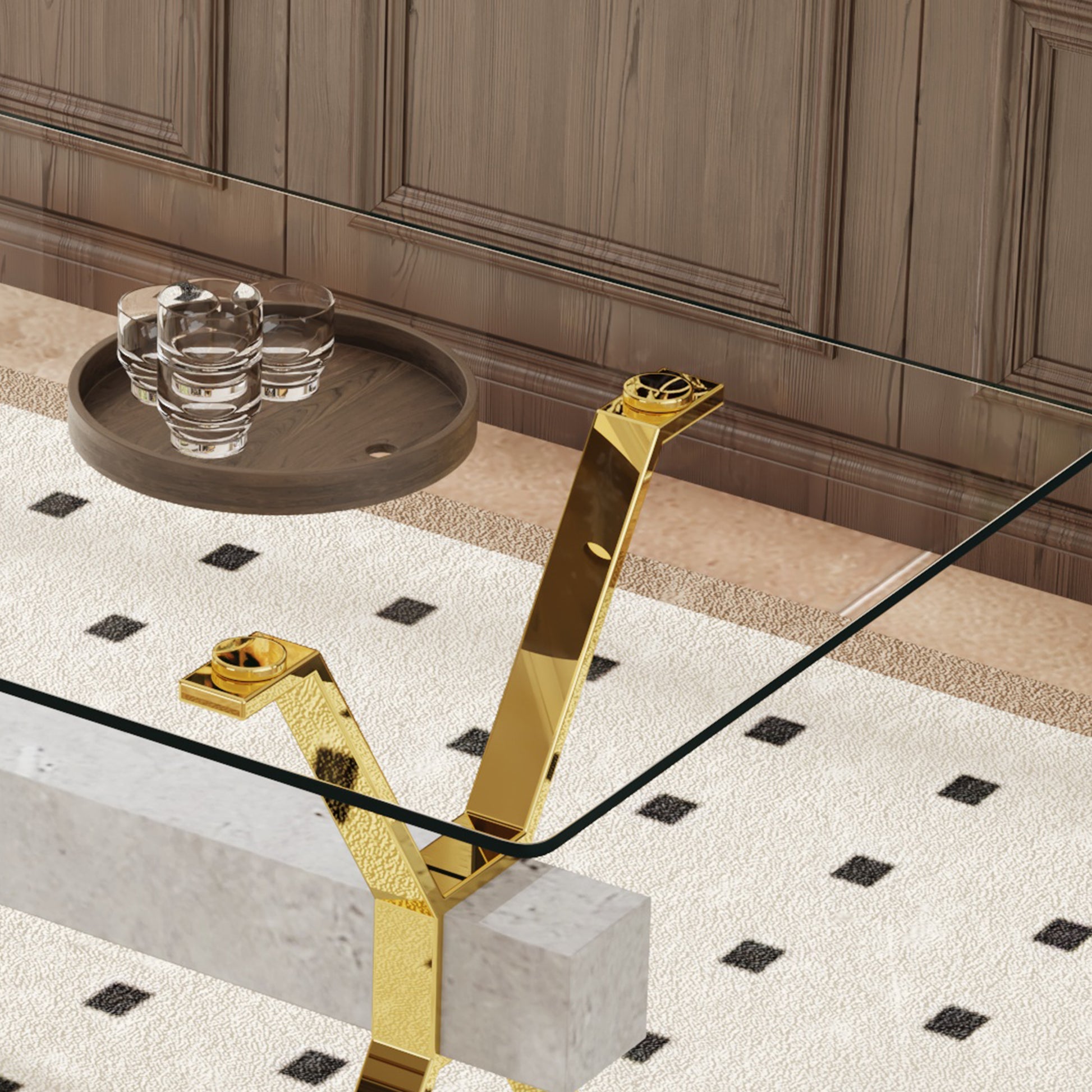 Modern gold and marble coffee table with glass top