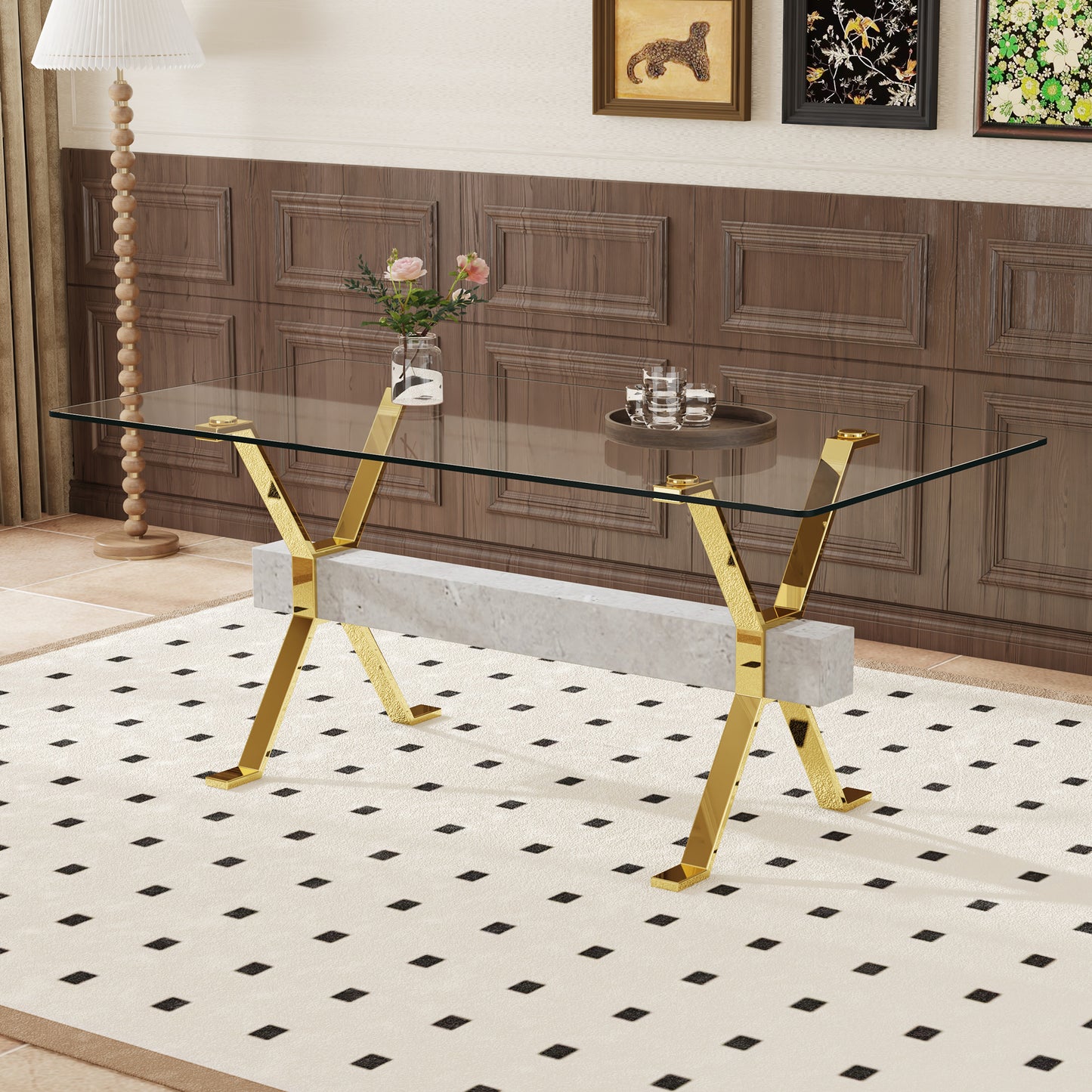 Glass top coffee table with gold Xframe legs and concrete base