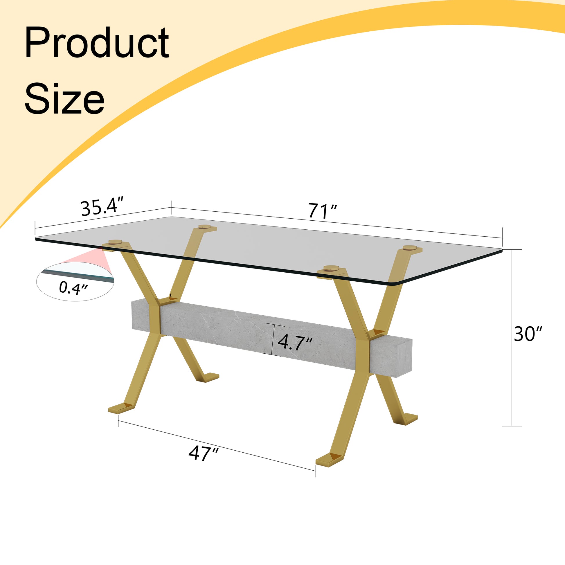 Glass top coffee table with gold legs and marble detail