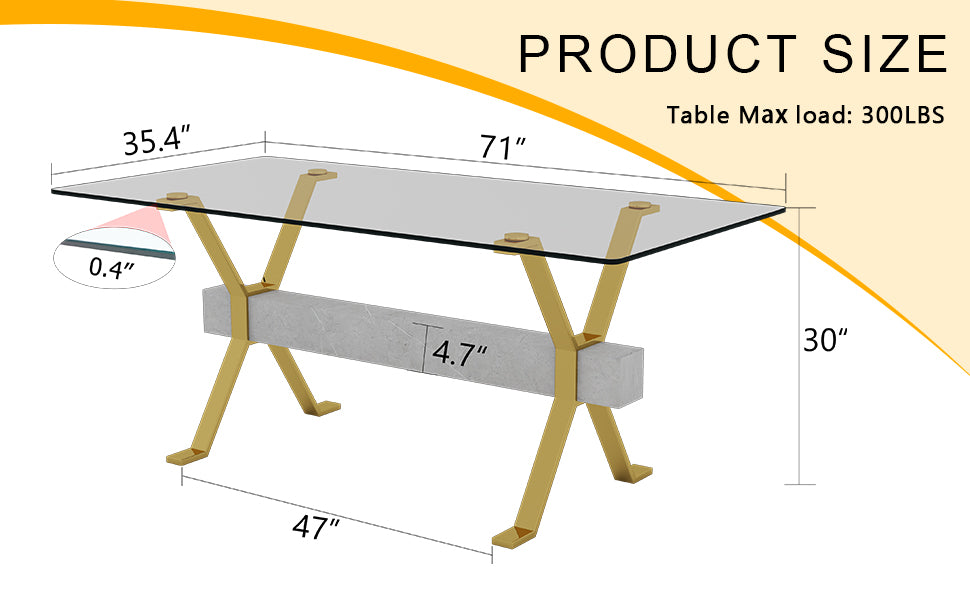Glass top coffee table with gold Xshaped legs and stone accent