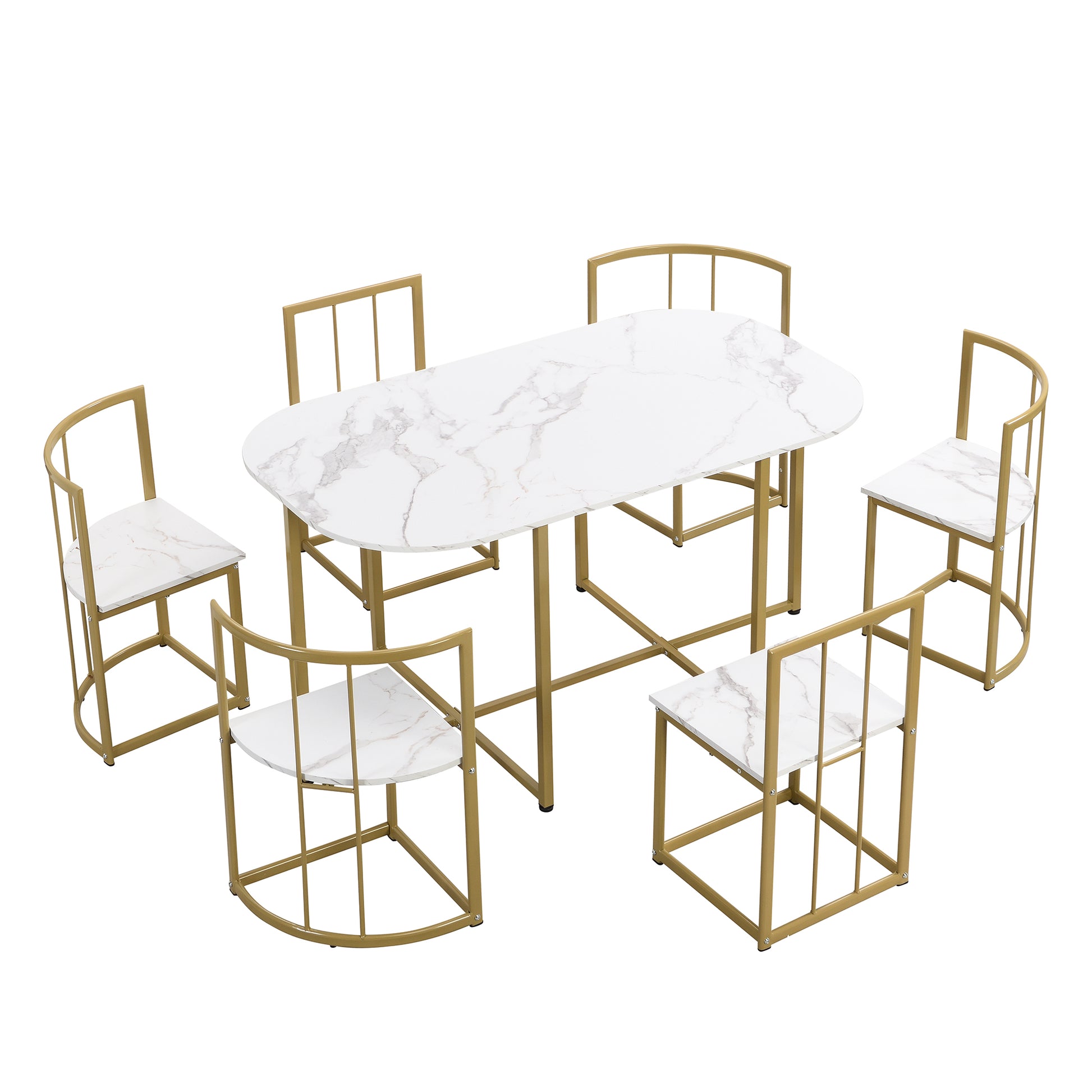 Modern marble dining table with gold metal frame and six chairs