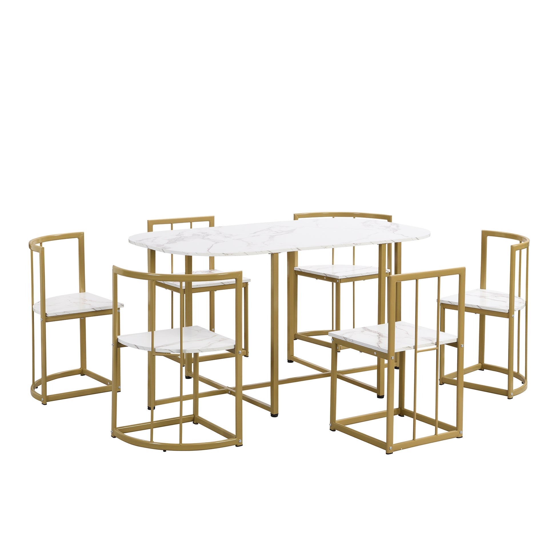 Gold frame marble dining set with oval table and six chairs