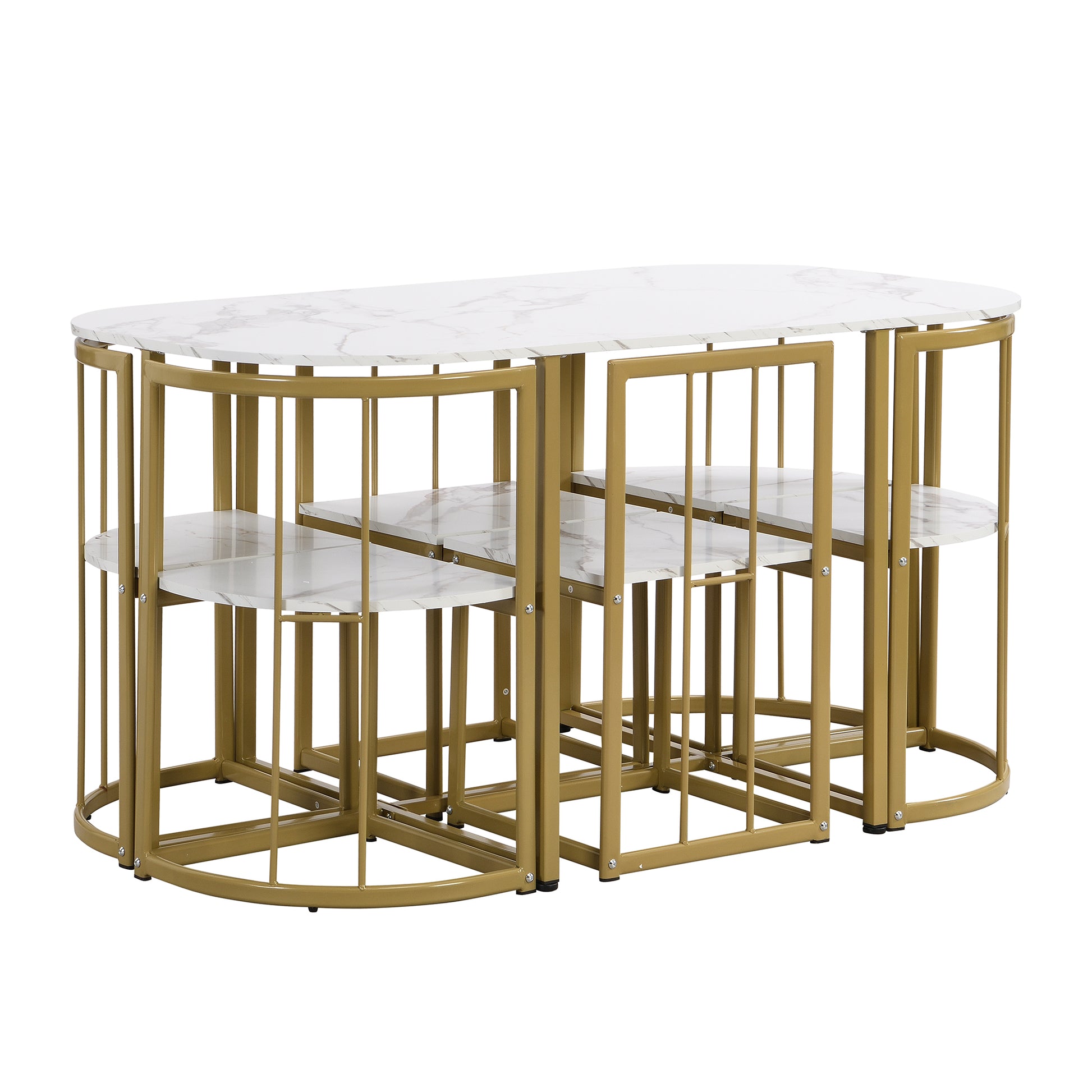 Marble effect dining set with gold metal frame and nesting stools