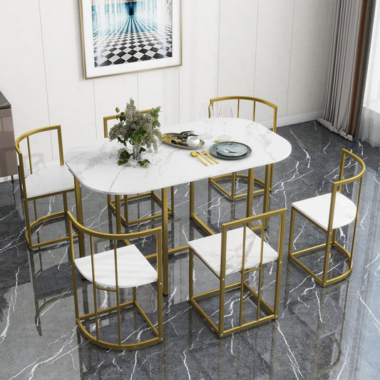 White marble dining table with gold frame and matching chairs