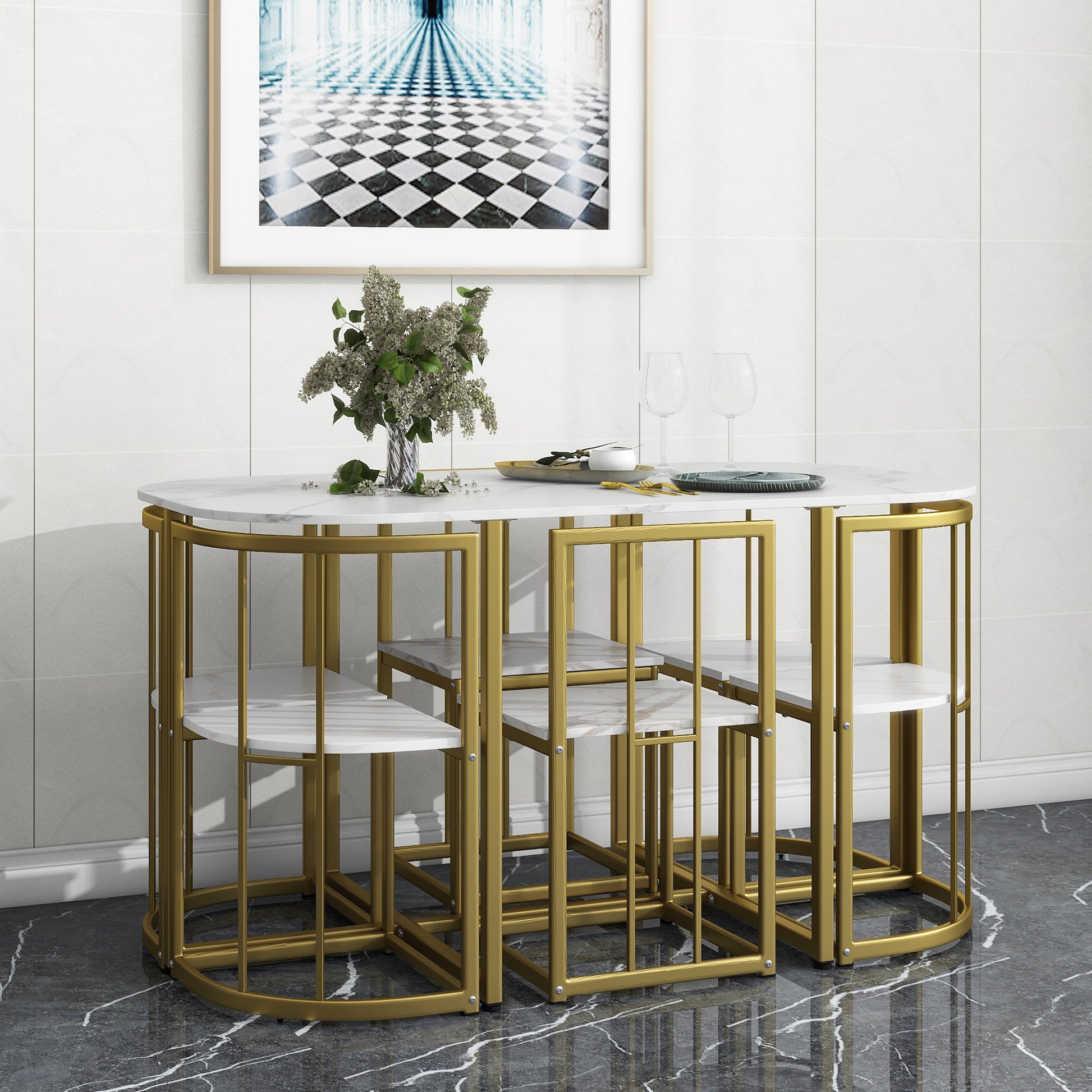 Compact dining set with white marble top table and gold metal frame