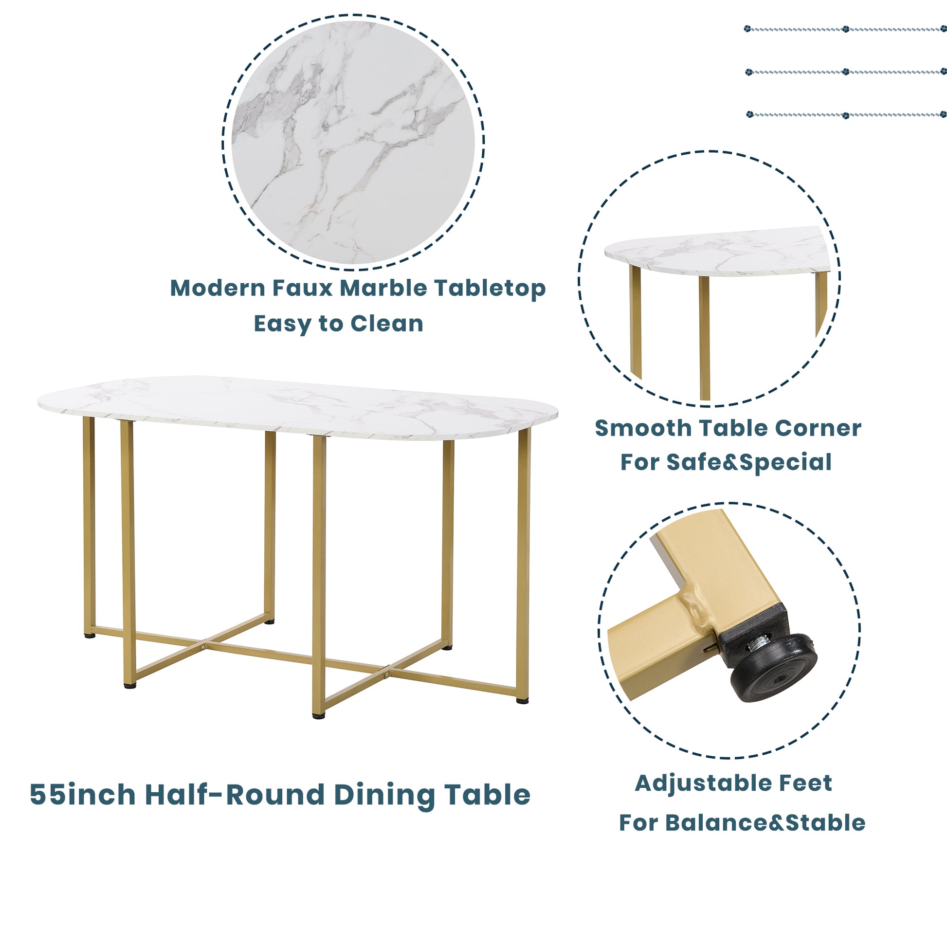inch halfround dining table with white faux marble top and gold metal legs
