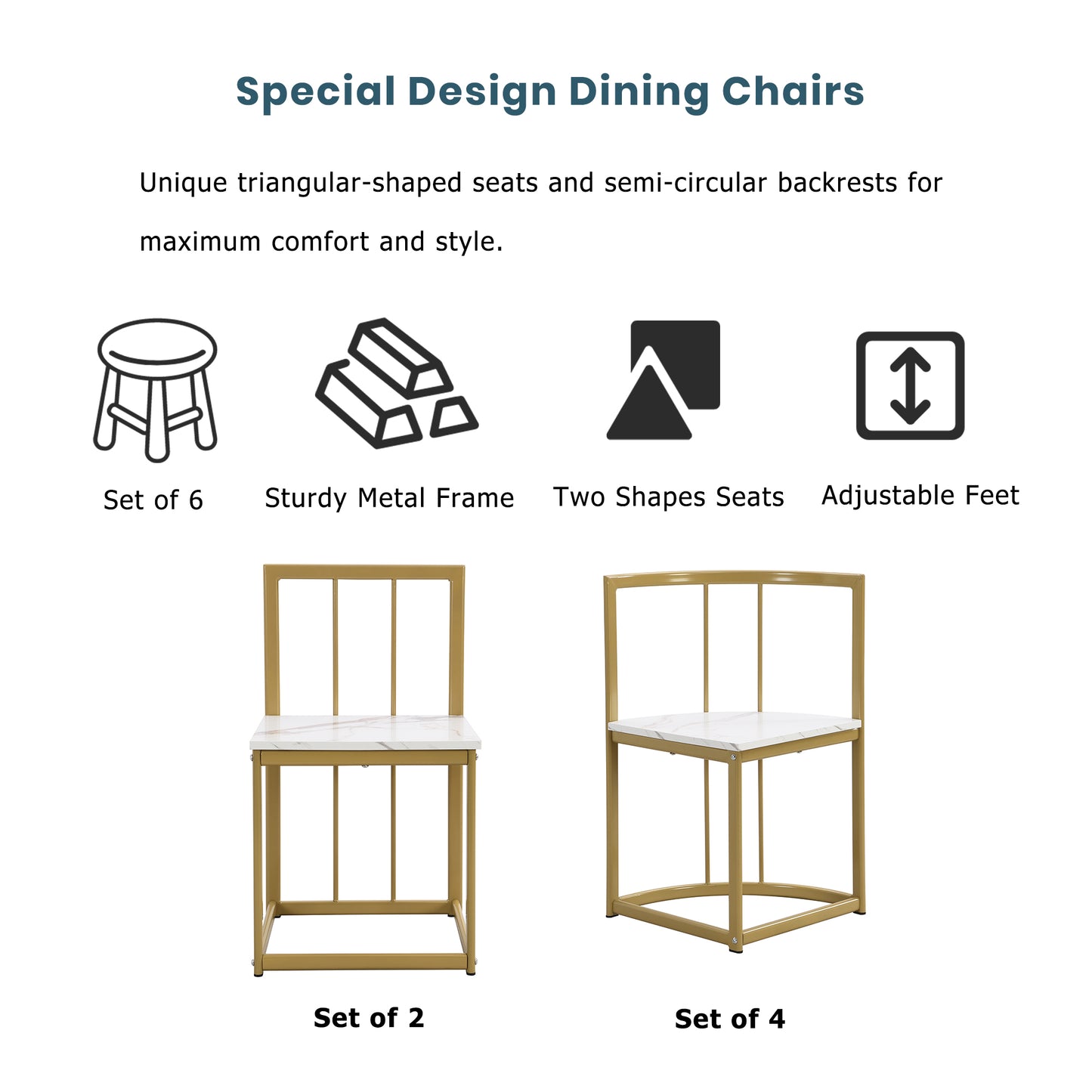Modern gold metal dining chair with white marble seat set of