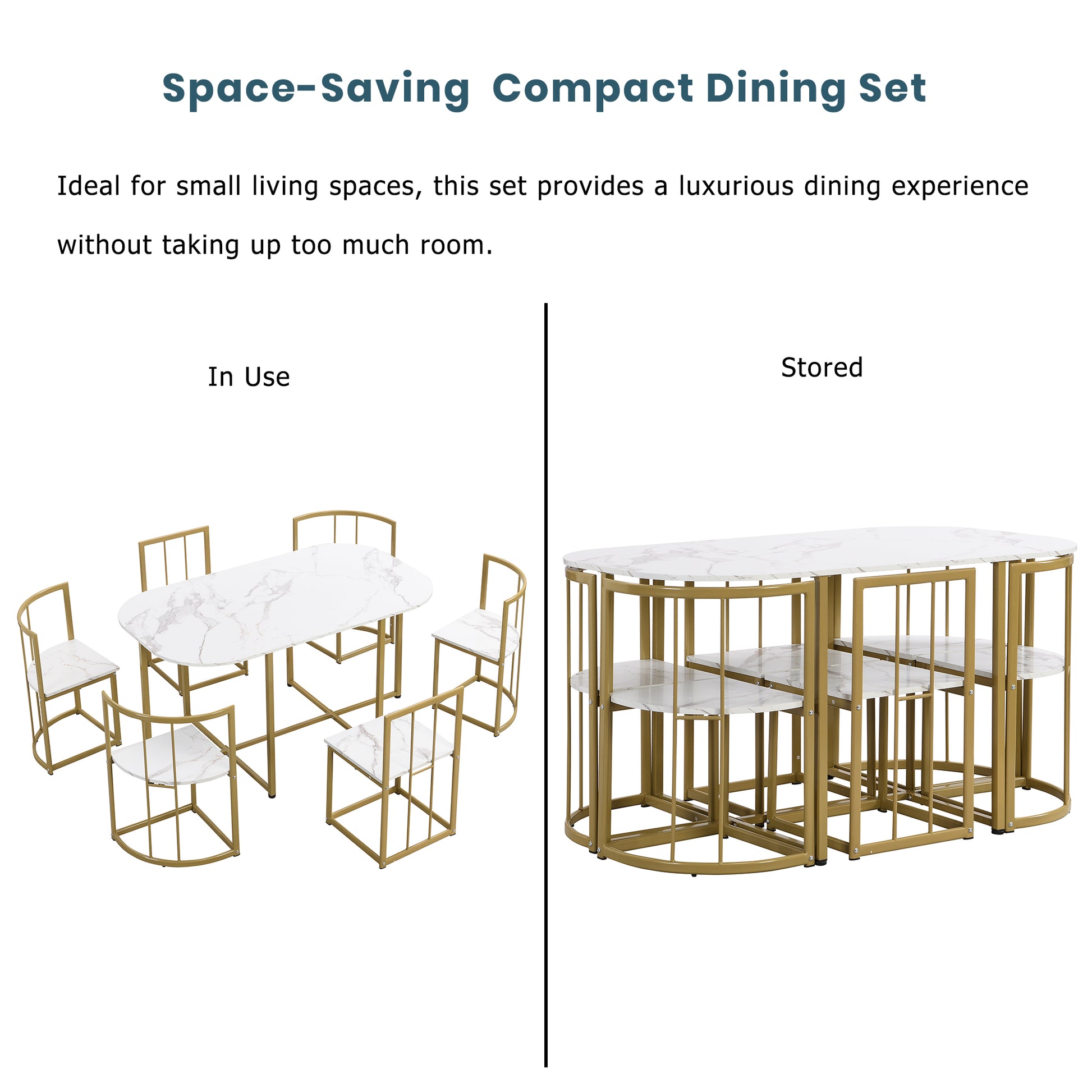 Marble top compact dining set with gold frame in use