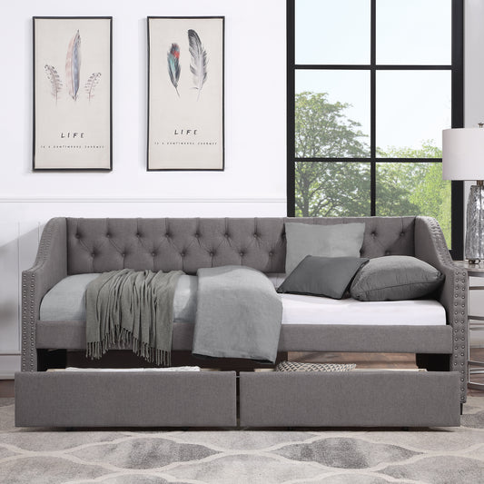TREATLIFE HOME Upholstered Twin Size Daybed with Two Drawers, Wood Slat Support, Elegant Gray Design