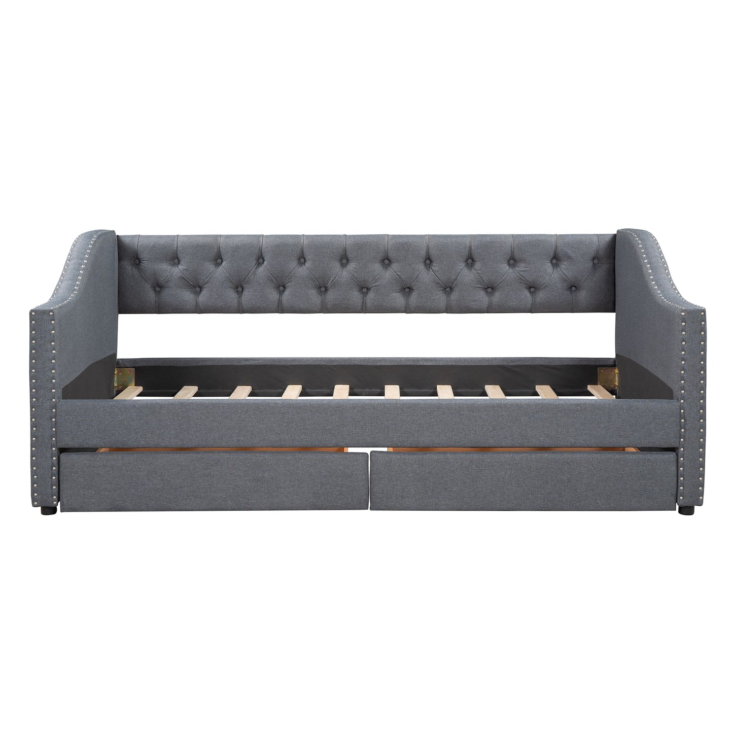 Grey tufted daybed with nailhead trim and pullout drawers