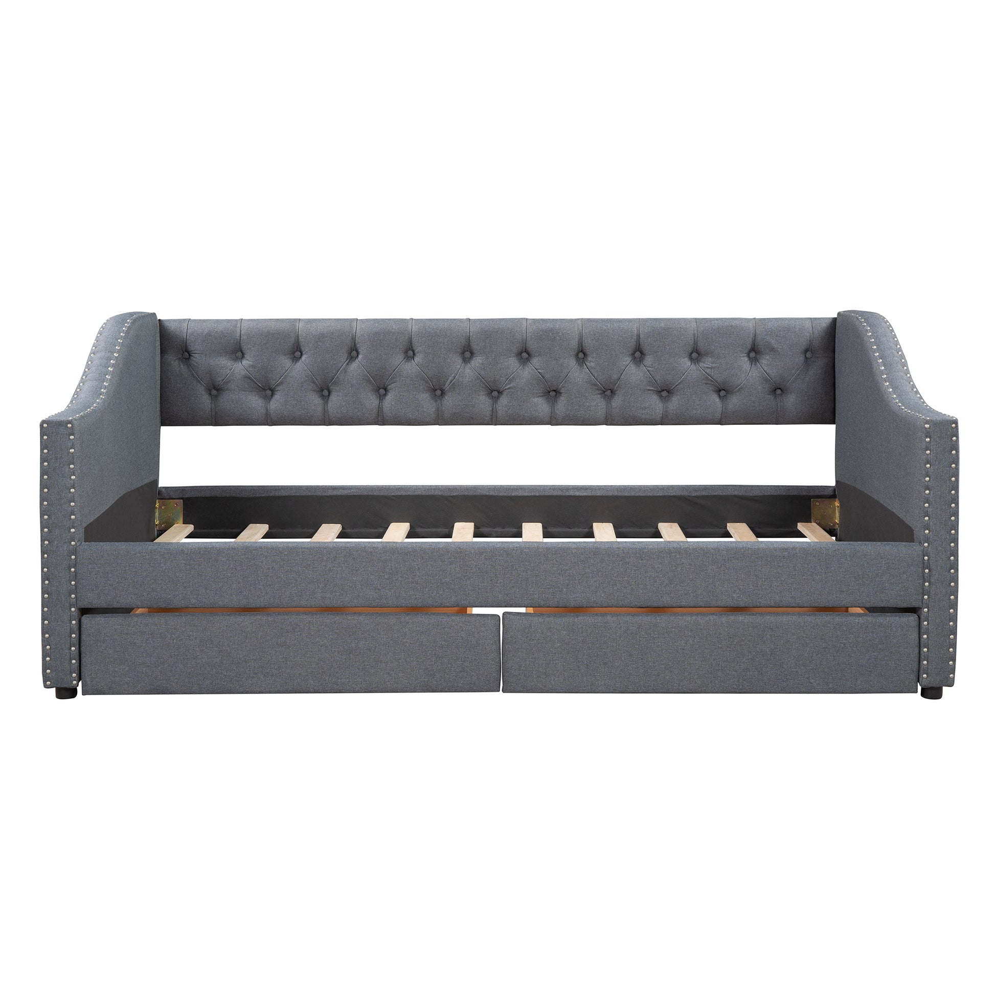 Grey tufted daybed with nailhead trim and pullout drawers