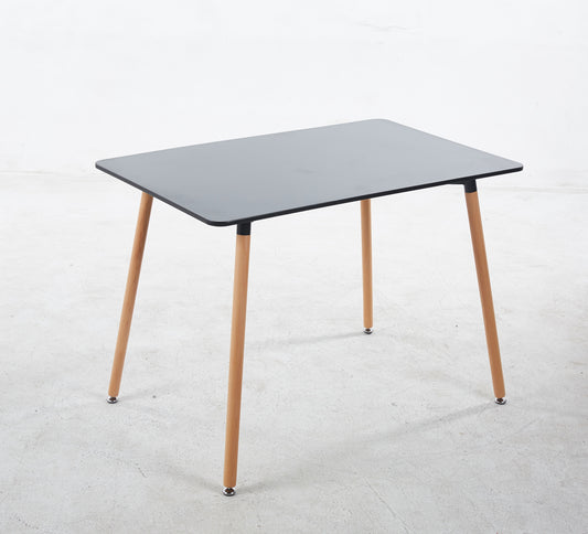 Modern gray rectangular dining table with natural wood legs perfect for small spaces
