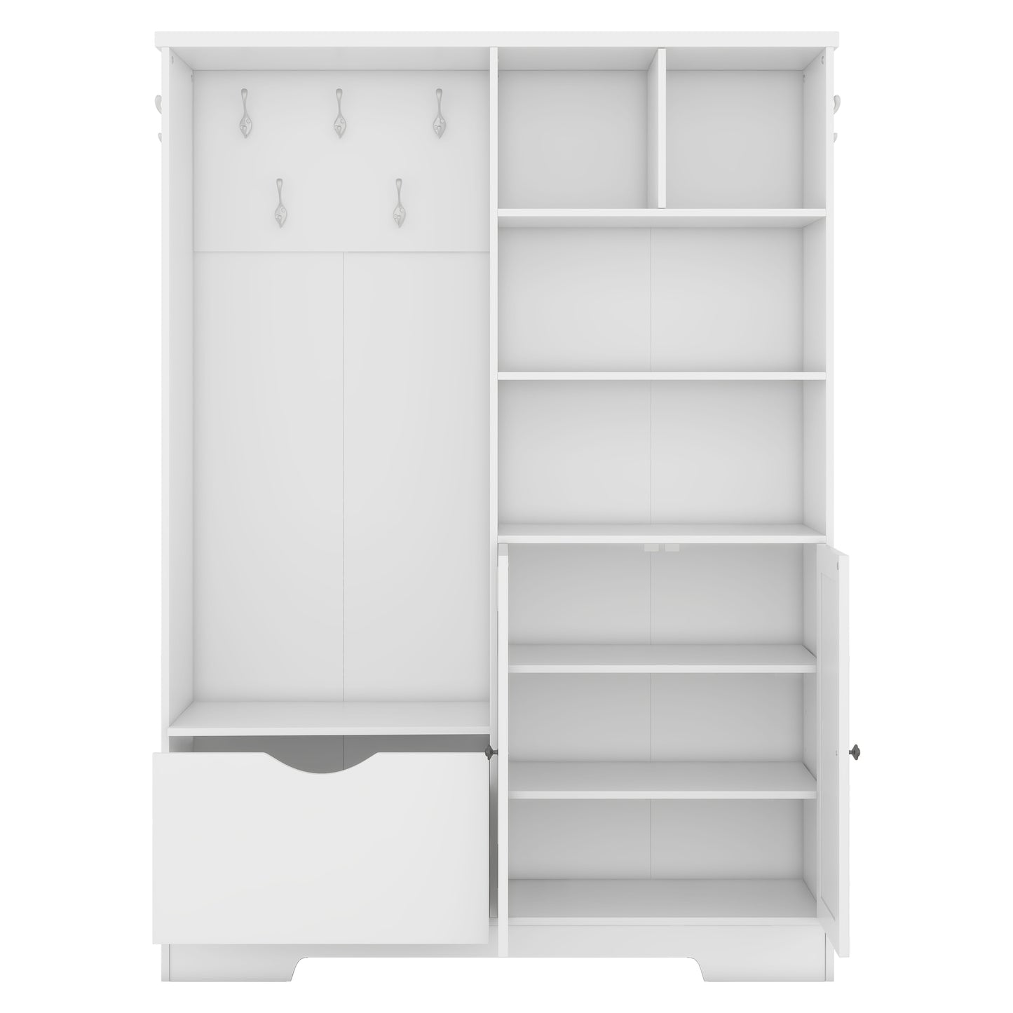 White entryway hall tree with multiple shelves and coat hooks