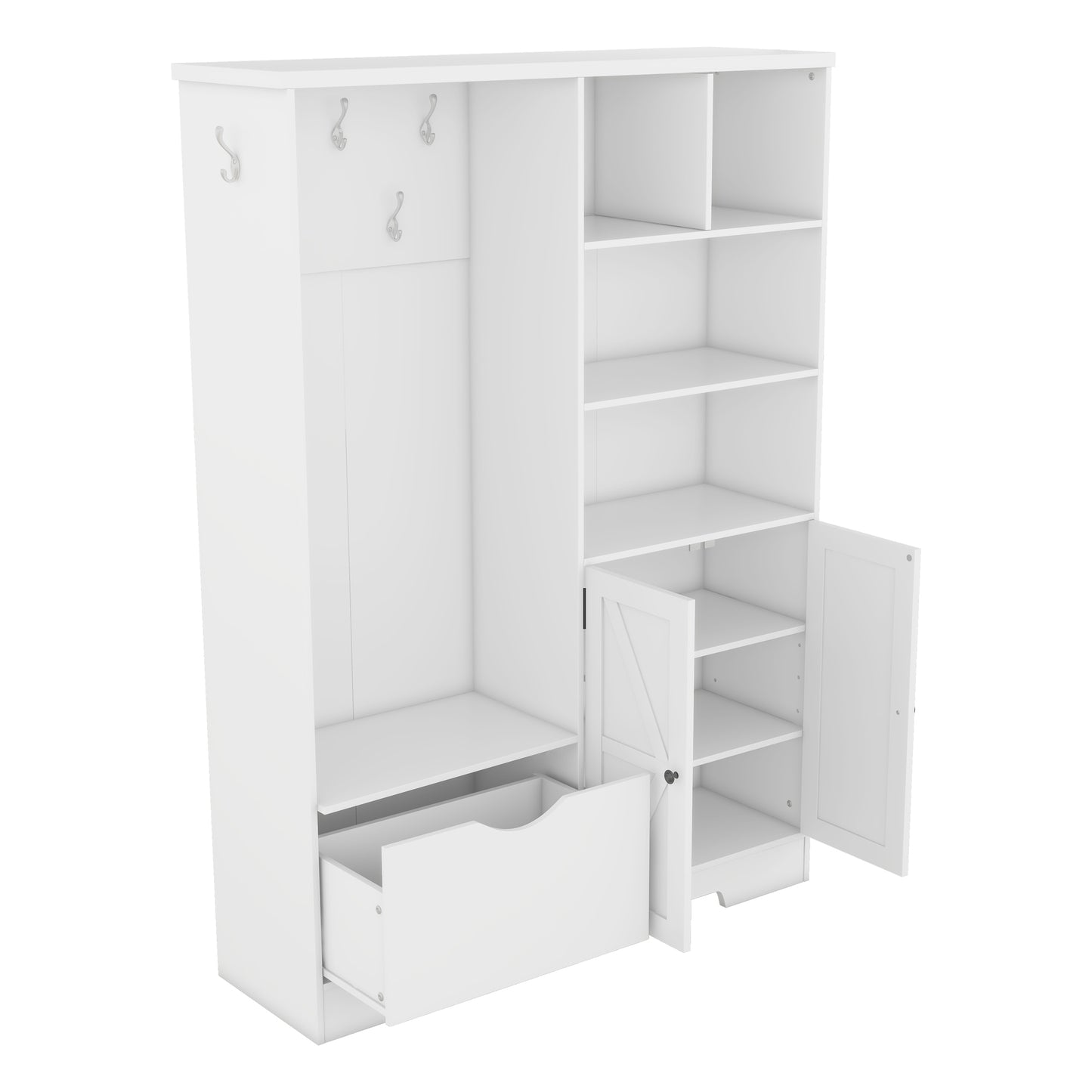 White entryway bench with coat hooks