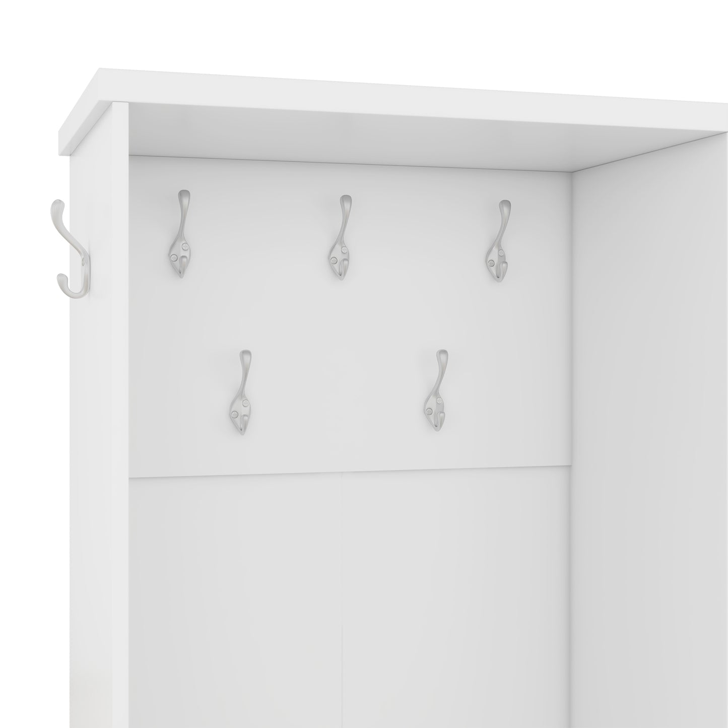 White coat rack with five brushed nickel hooks