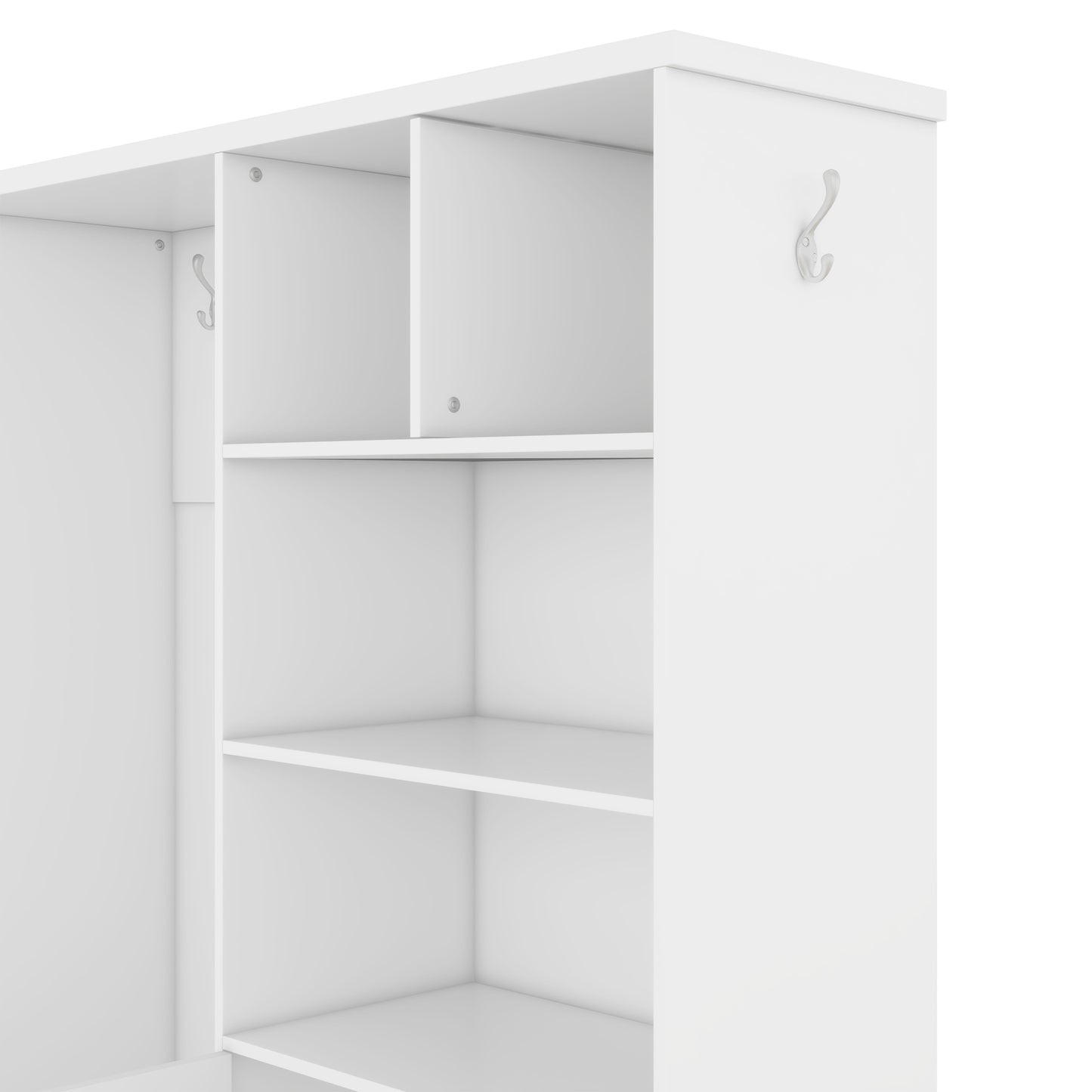 White laminate entry shelf with coat hooks and open cubbies