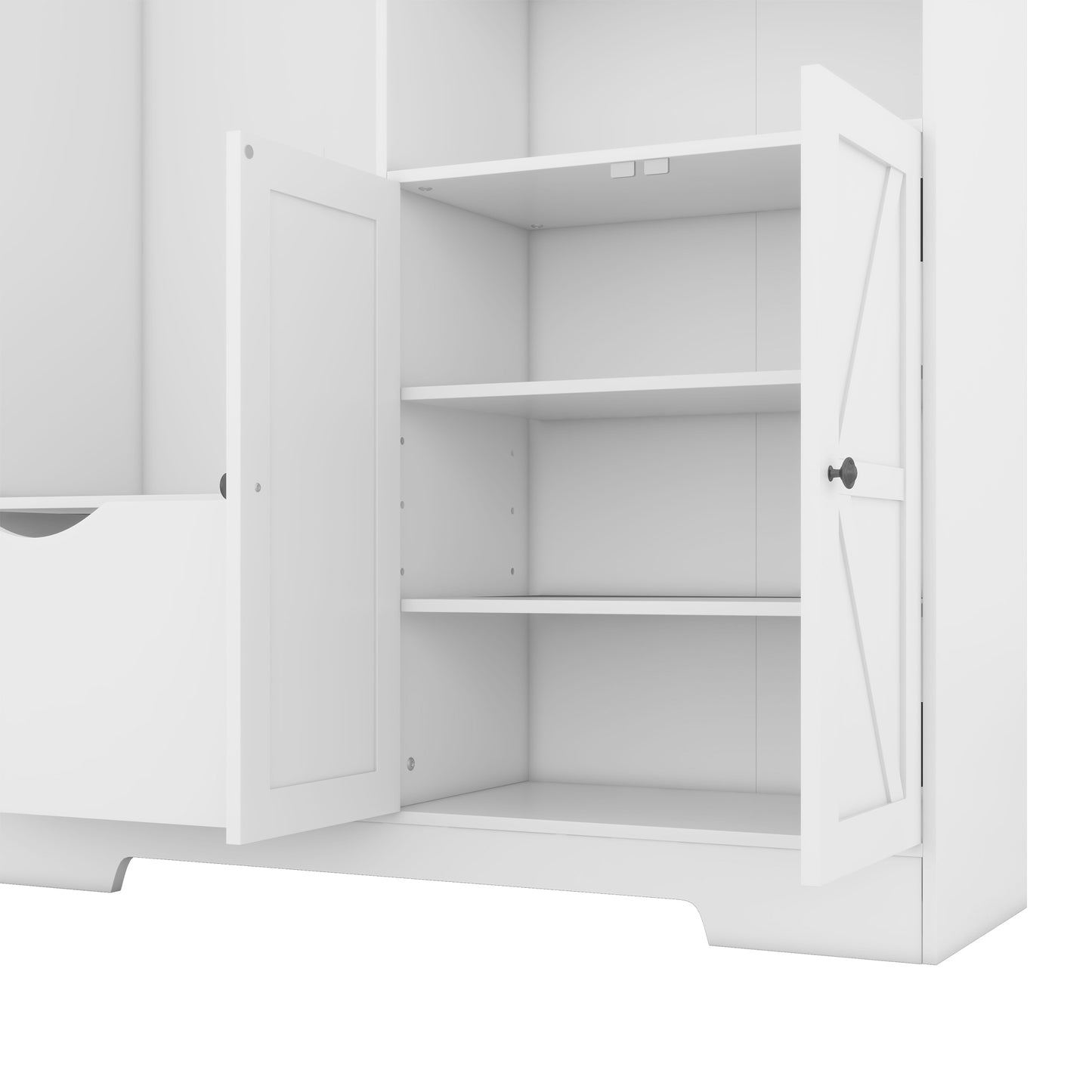 Open white storage cabinet with two shelves and a drawer farmhouse style doors