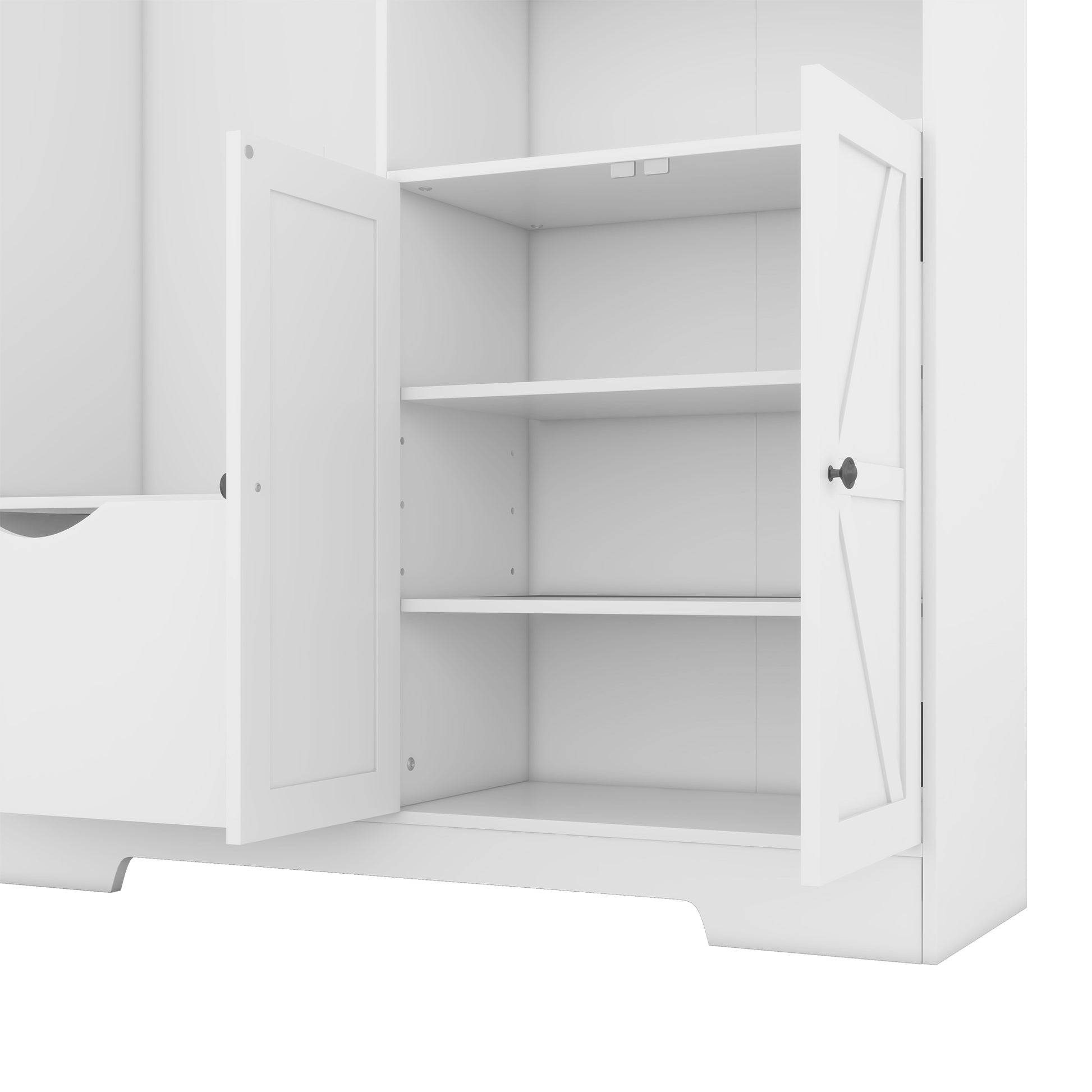 Open white storage cabinet with two shelves and a drawer farmhouse style doors