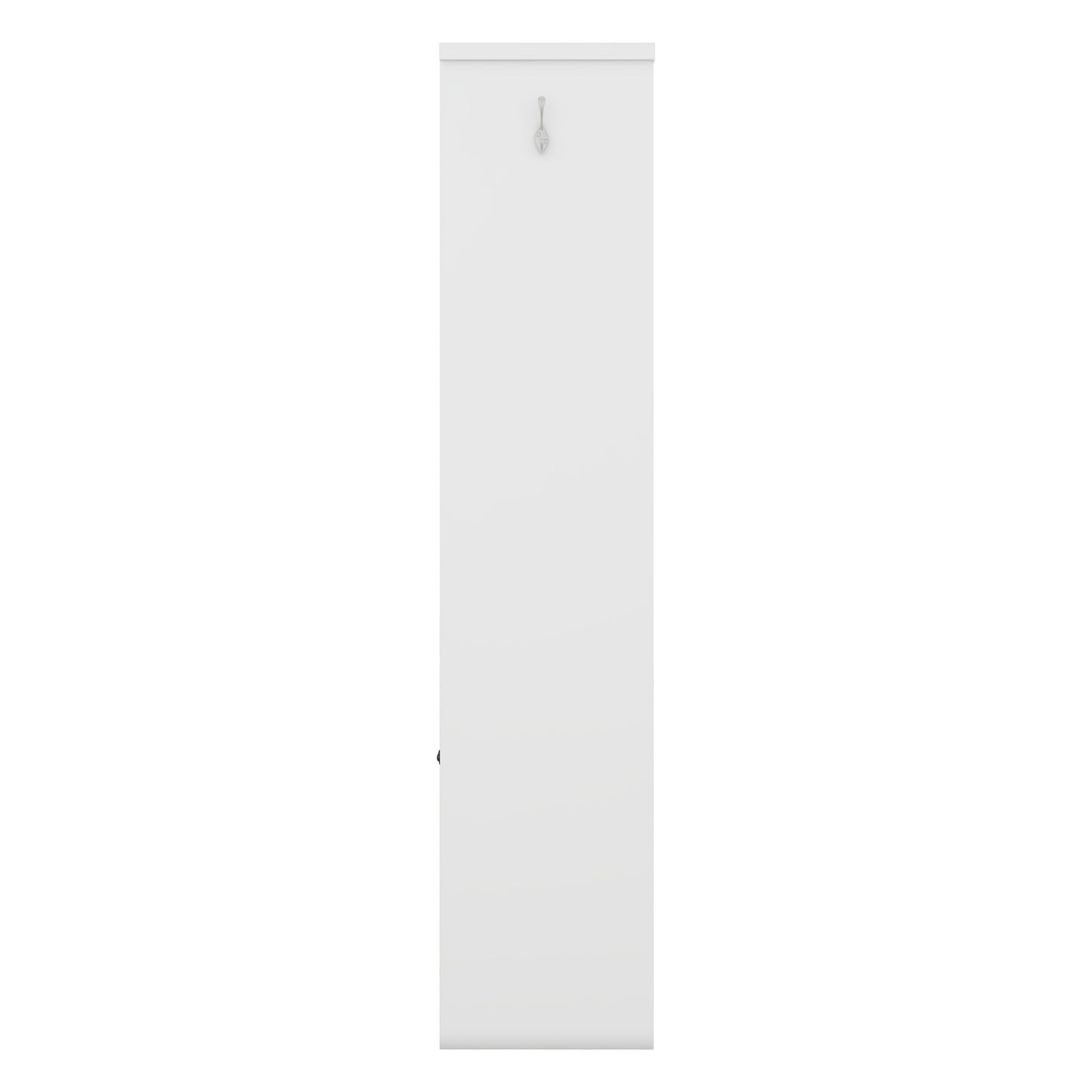 Modern white vertical cabinet with silver hook detail