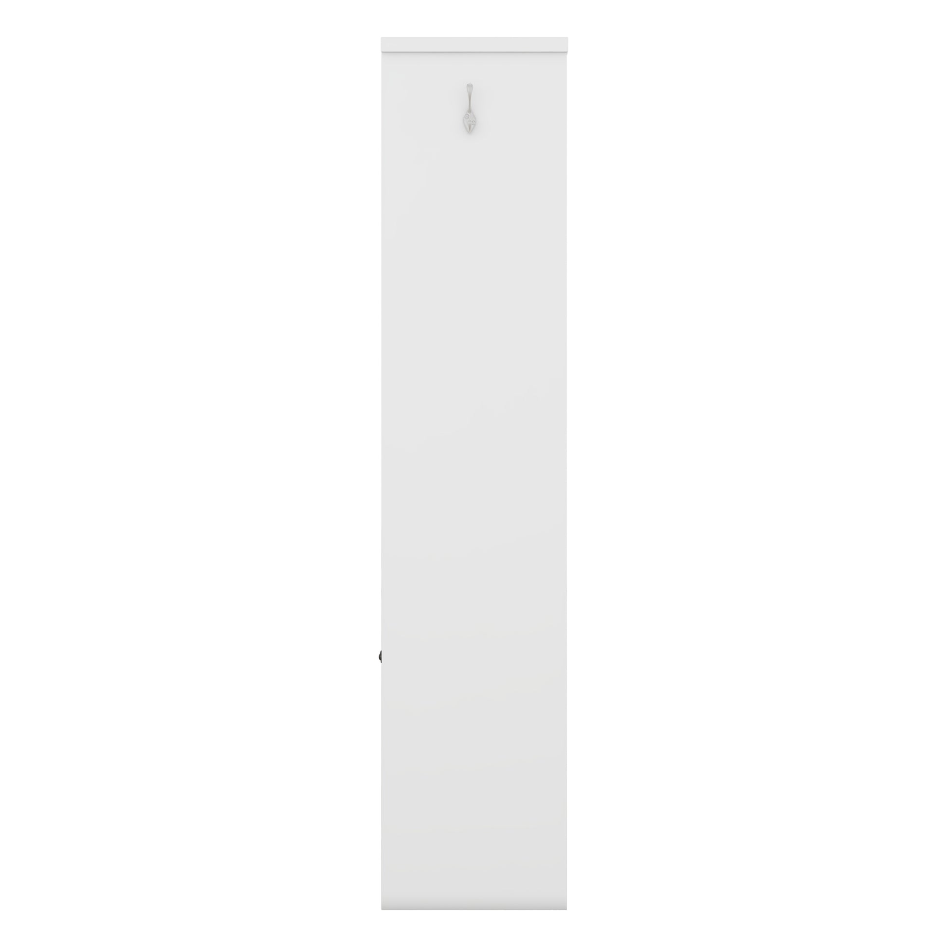 Modern white vertical cabinet with silver hook detail