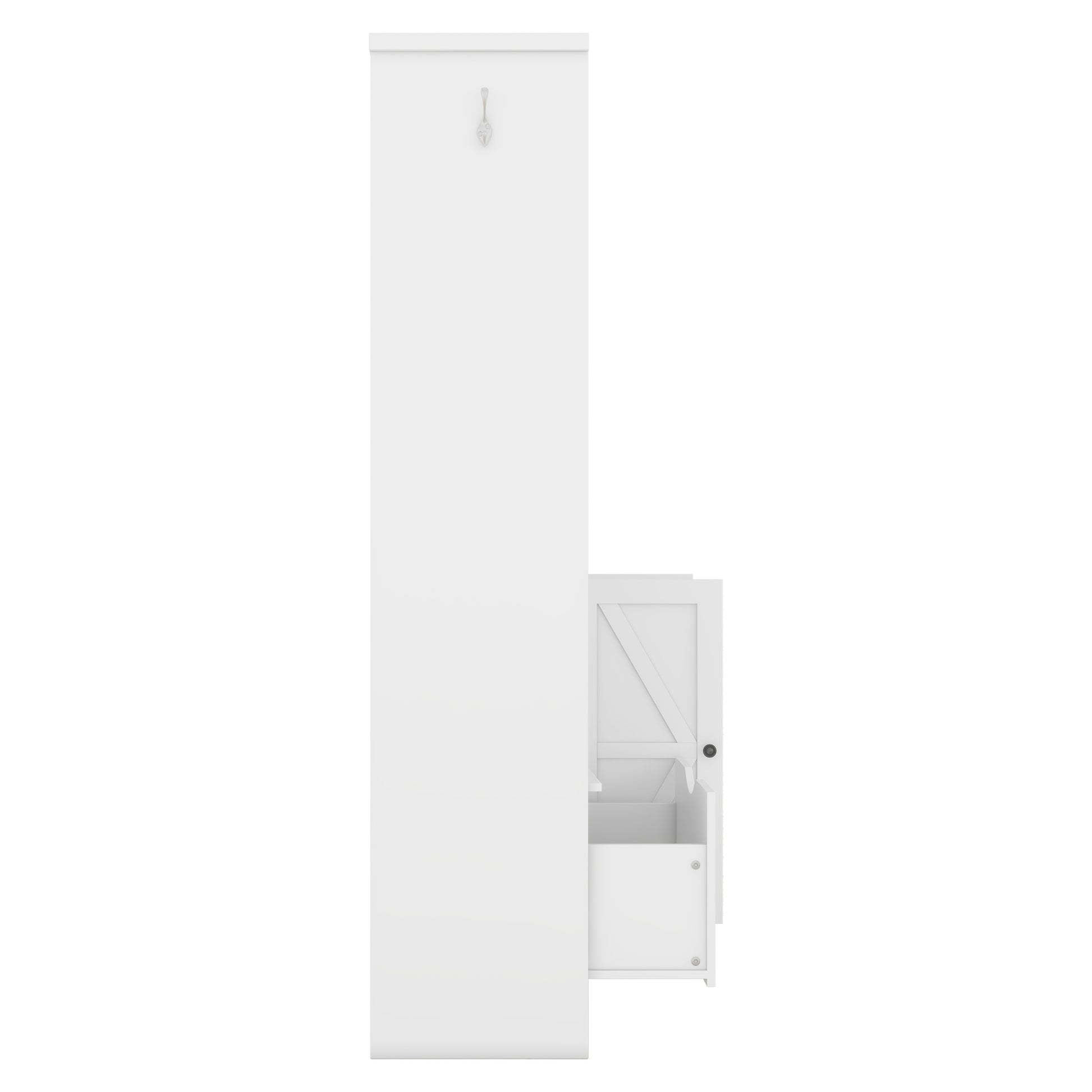 White entryway storage cabinet with hook and open drawer