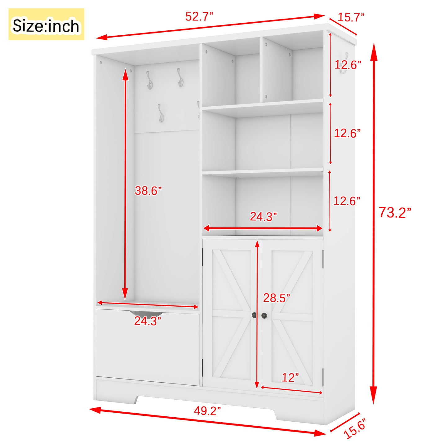 White entryway cabinet with coat hooks and shelving