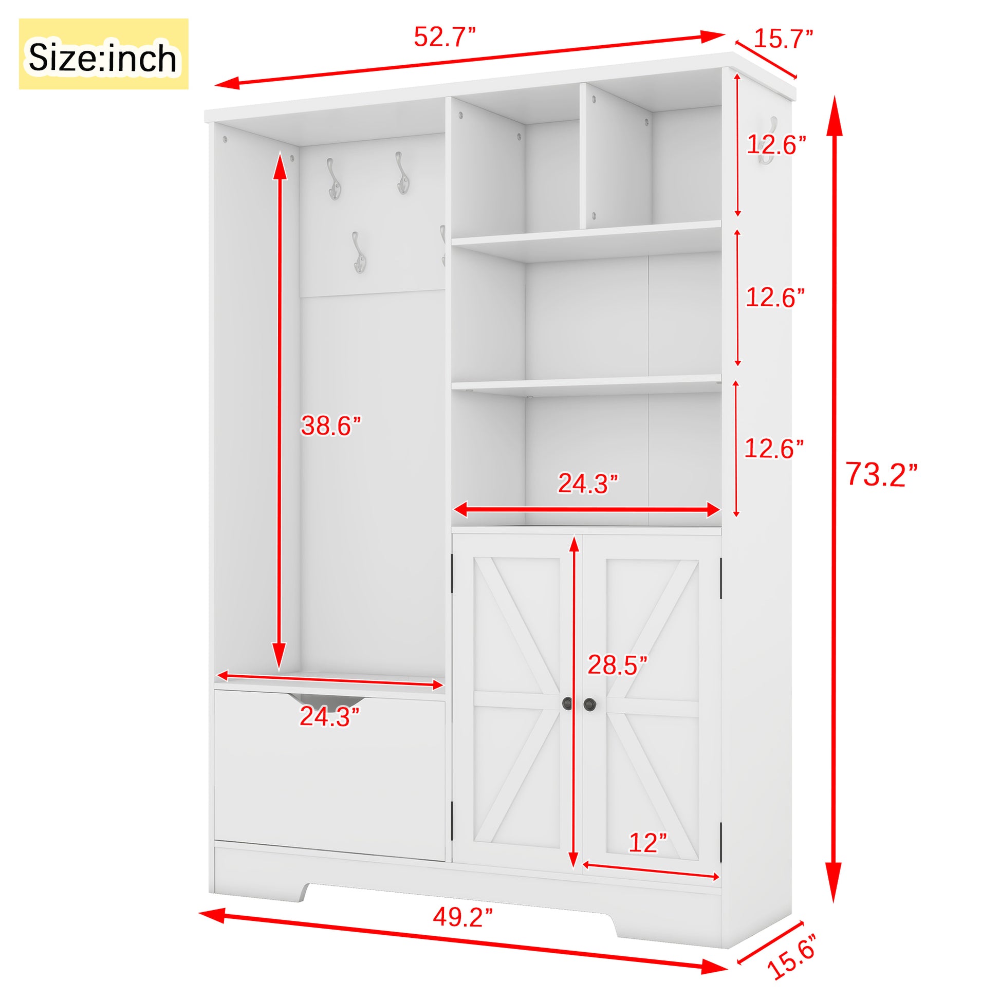 White entryway cabinet with coat hooks and shelving