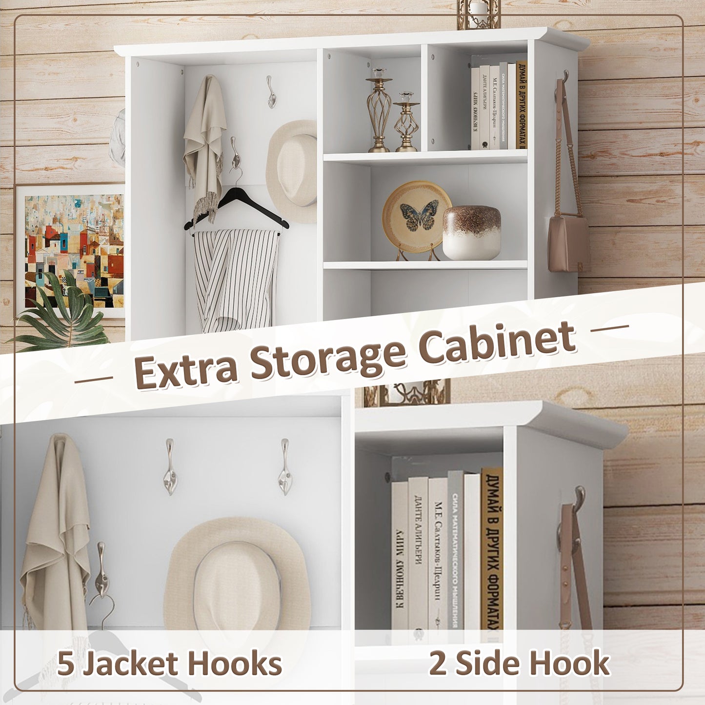 White wallmounted storage cabinet with  jacket hooks