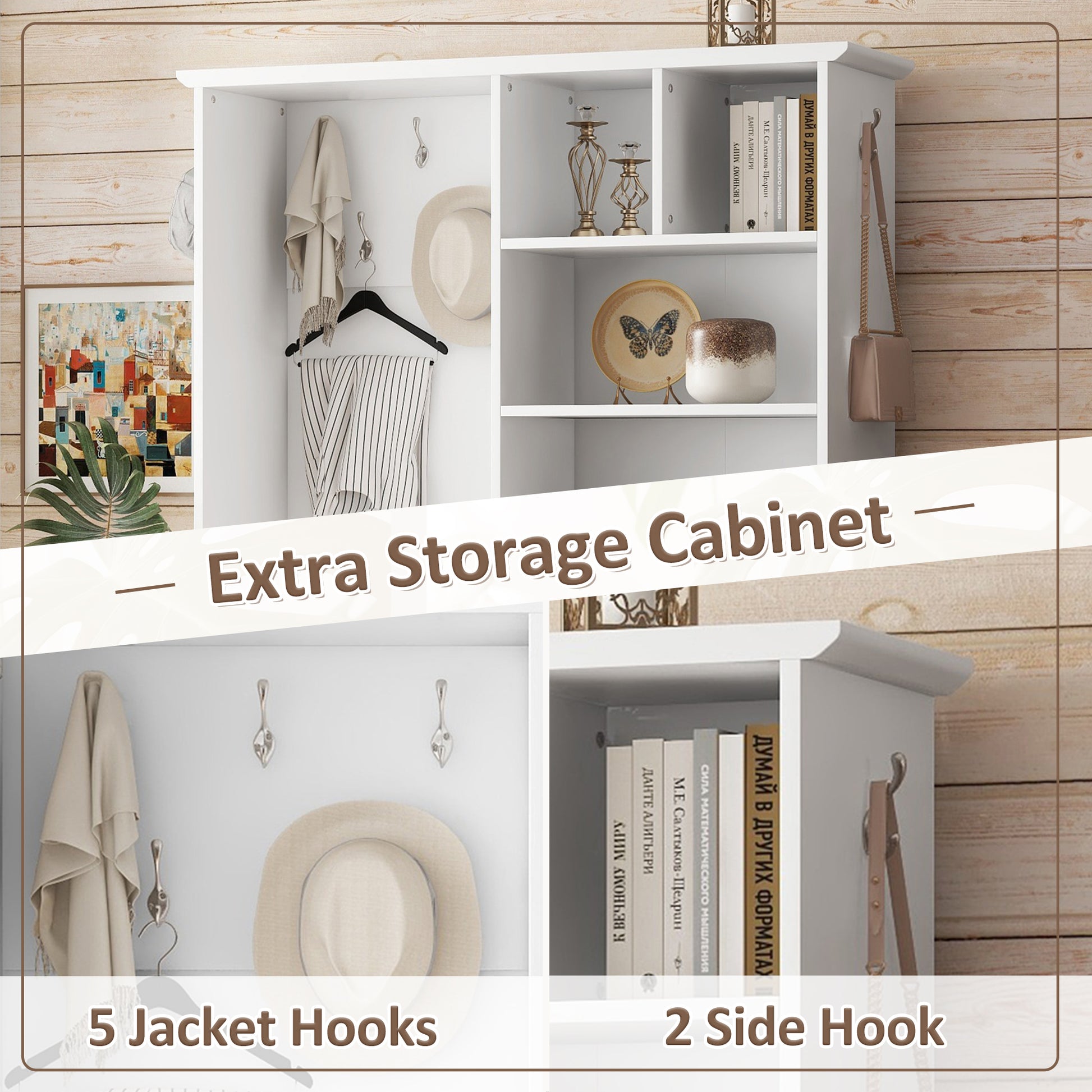 White wallmounted storage cabinet with  jacket hooks