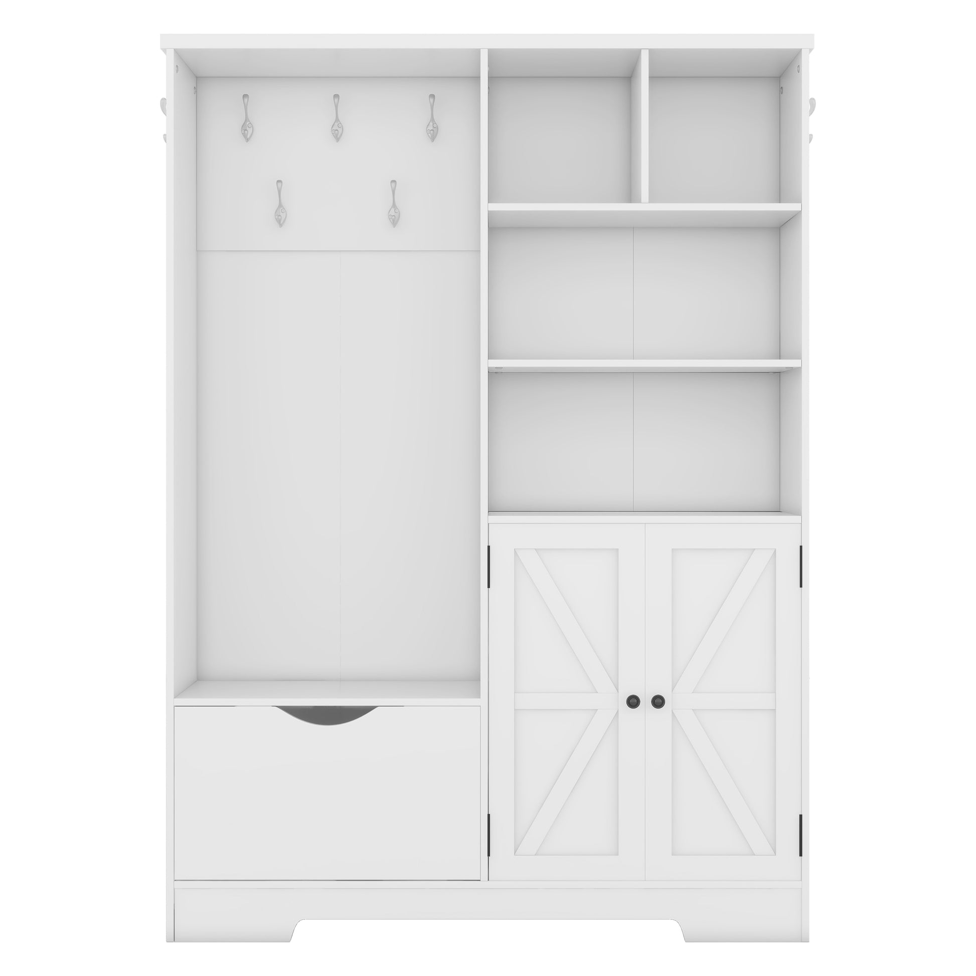 White hall tree with coat hooks and storage cabinet