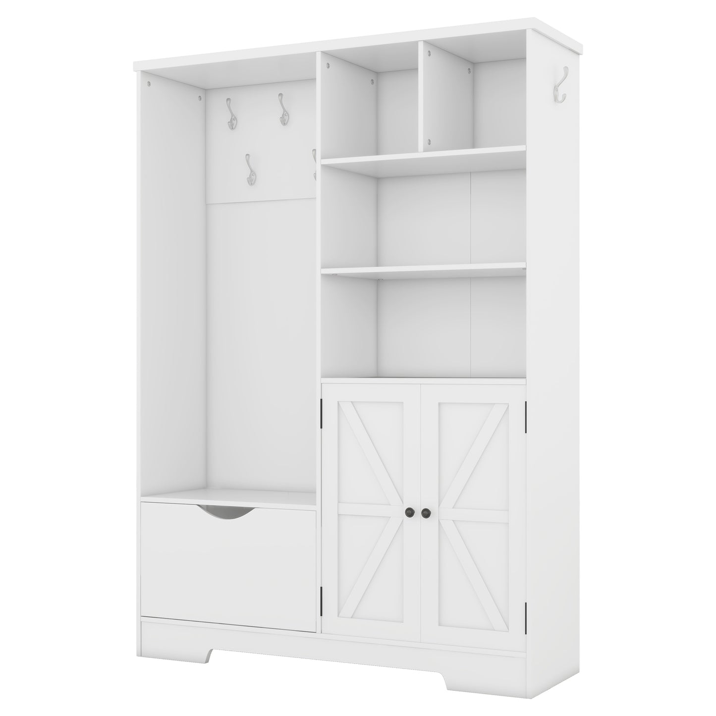 White entryway bench with coat hooks and storage cabinet