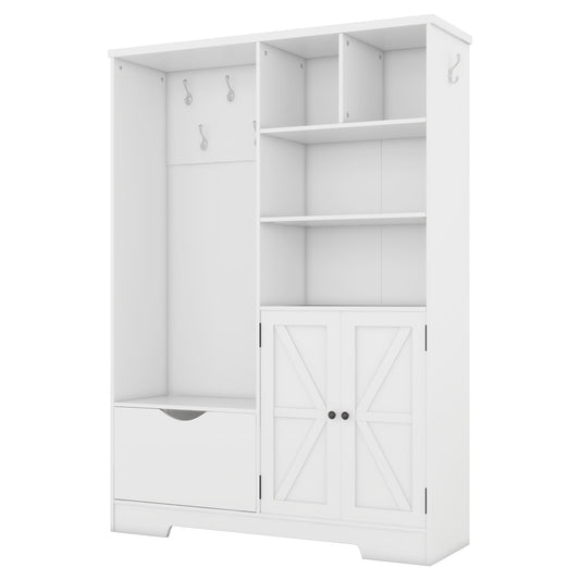 White entryway bench with coat hooks and storage cabinet